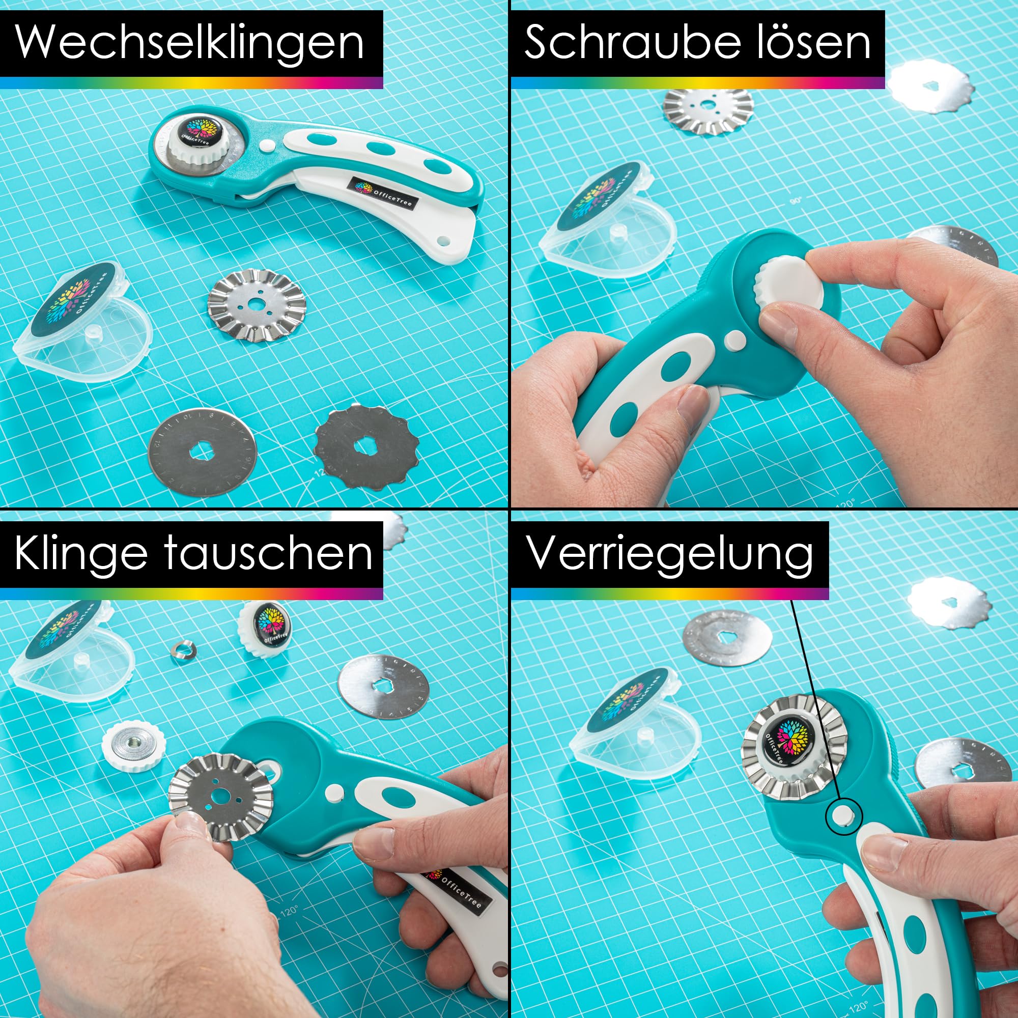 OfficeTree Schneidematte Set A1 90x60 + Rollschneider + Patchwork Lineal 30x30 cm - Schneidematte A1 Selbstheilend - Schneiderlineal Schneiderunterlage und Rollschneider Set - Schneidunterlage nähen