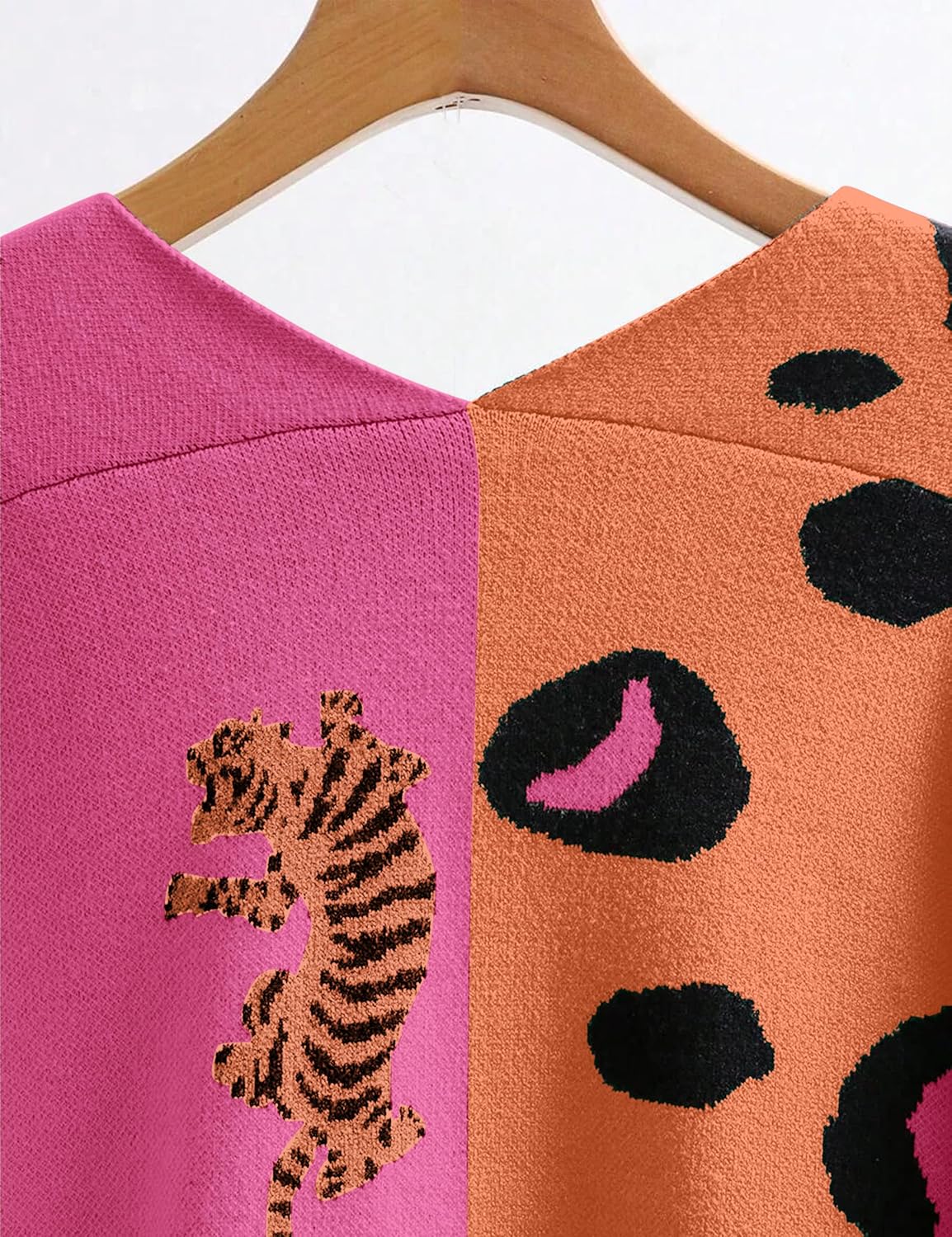 Women Leopard Cardigan Graphic Print Button Down V Neck Long Sleeve Sweater Color Block Lightweight Knit Top Outwear - Image 5