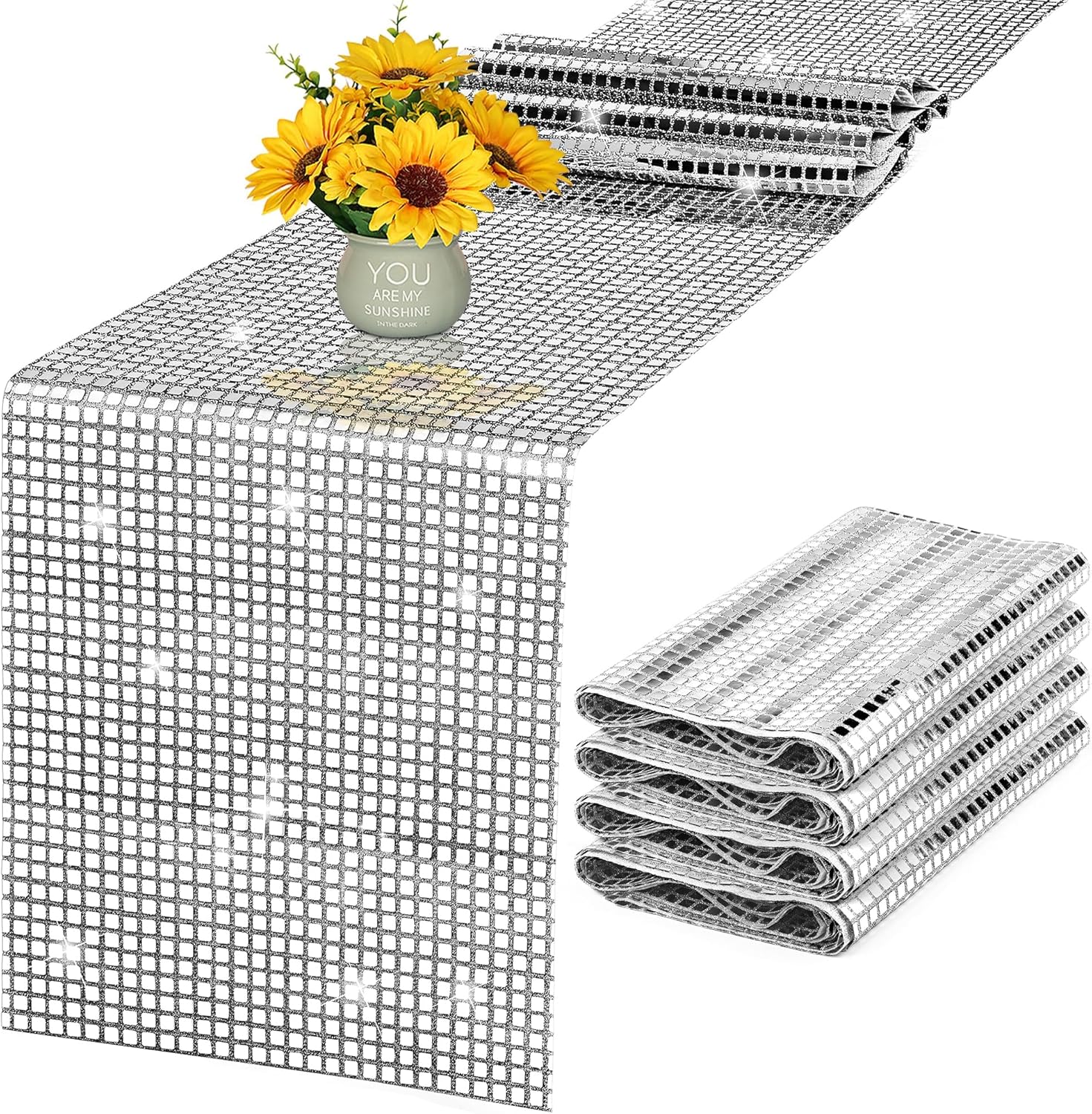 Aneco 6 Pack Disco Party Table Runner 11 x 108 Inch Mirror Silver Glitter Foil with Sparkle Sequin Table Runner for Bachelorette 70s 80s Party Home Table Decorations