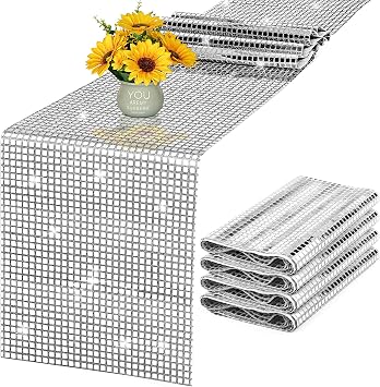 Aneco 6 Pack Disco Party Table Runner 11 x 108 Inch Mirror Silver Glitter Foil with Sparkle Sequin Table Runner for Bachelorette 70s 80s Party Home Table Decorations