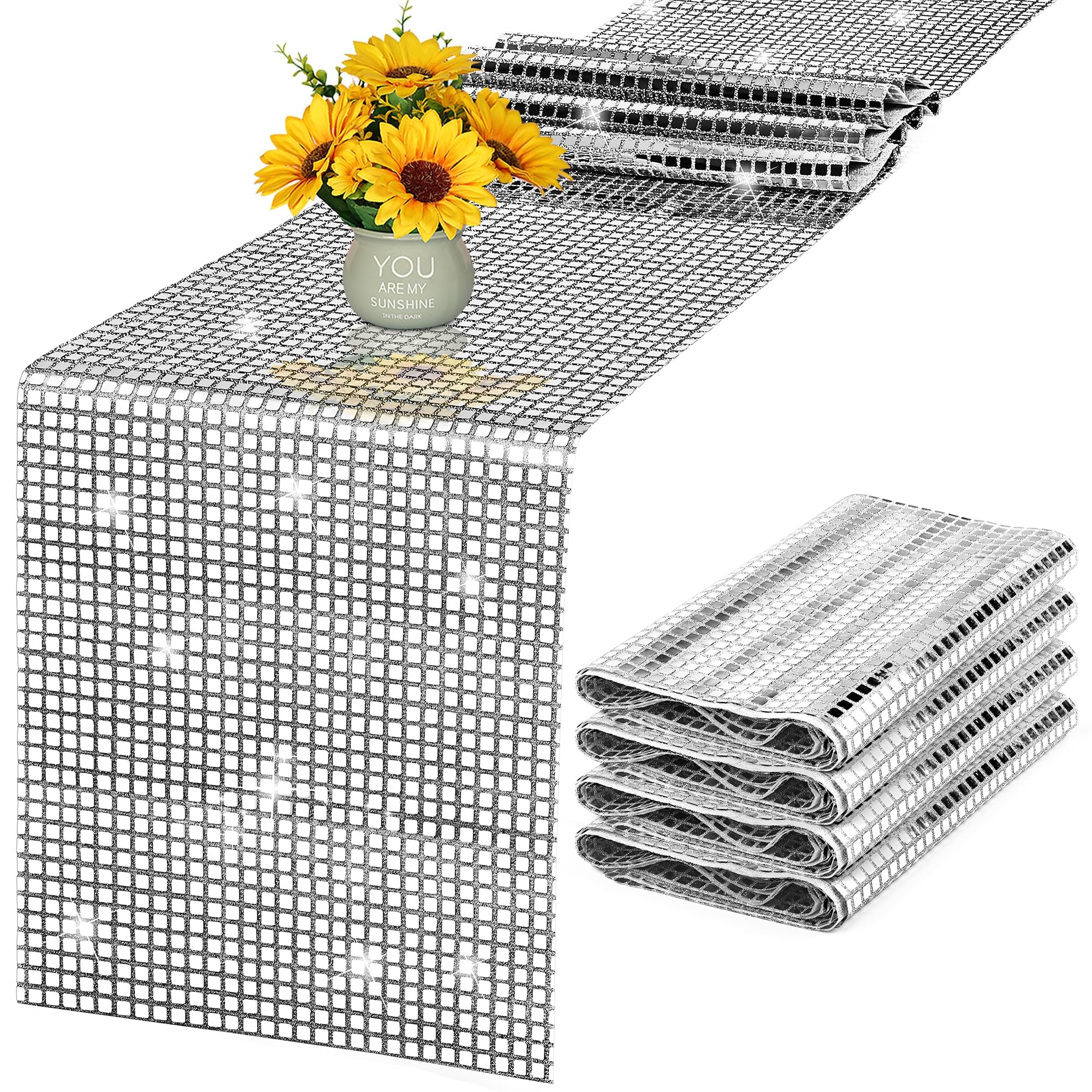 - Aneco Disco Party Table Runner 11 x 108 Inch Mirror Silver Glitter Foil with Sparkle Sequin Table Runner for Bachelorette 70s 80s Party Home Table Decorations