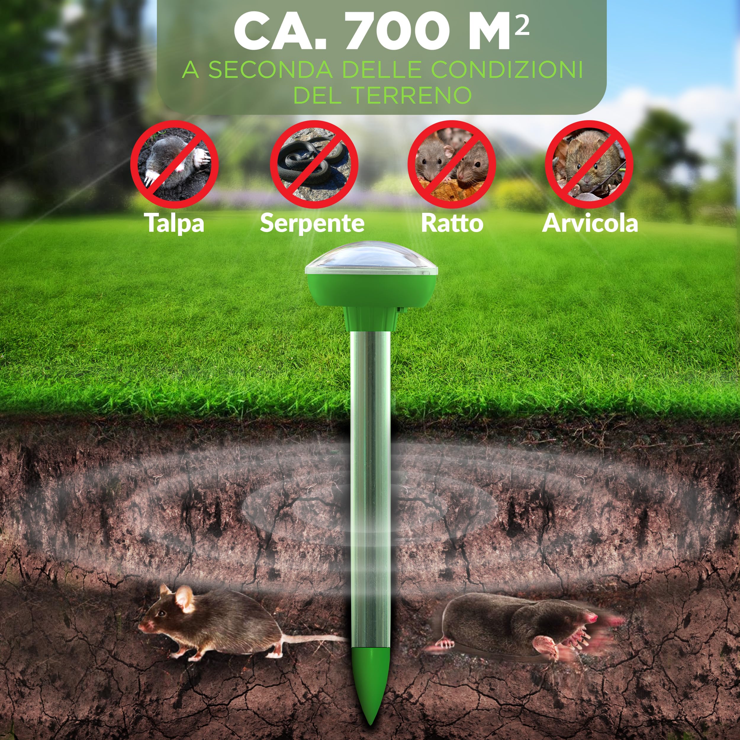 ISOTRONIC Repellente solare per talpe, arvicole e serpenti – Repellente per talpe con picchetto da giardino – Repellente per talpe con raggio d'azione effettivo di 700 m² (6 pezzi)