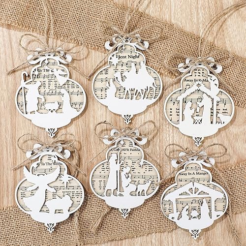 Miniatura 9 de Shellwei 24 Piezas Adornos de Madera de Escena de Natividad Historia de Navidad 2025 Juego de Regalo a Granel Partitura de Música Cristiana Escena
