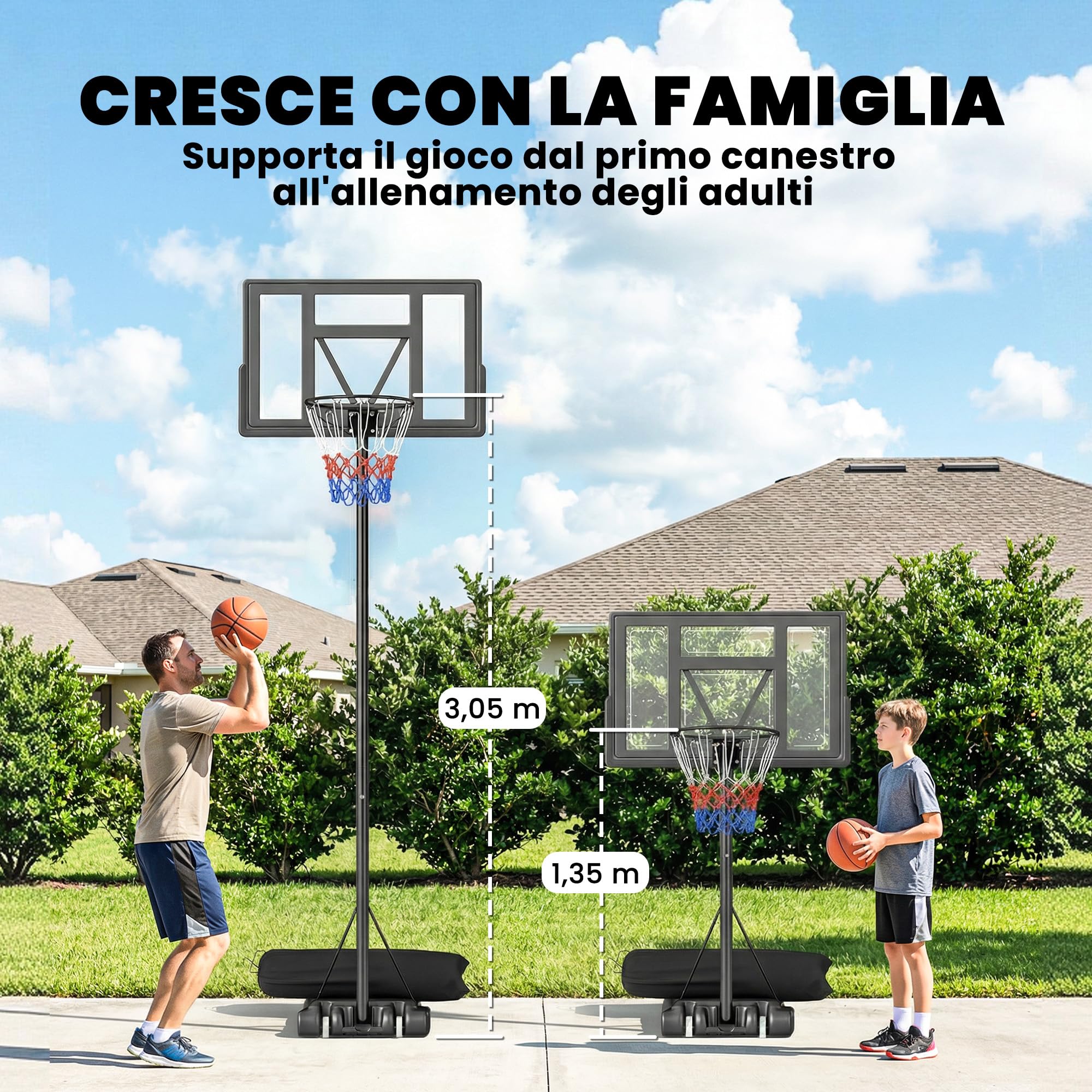 SPORTNOW Canestro Basket Esterno Regolabile in Altezza 135-305 cm, Canestro da Basket con Ruote, Base Riempibile, Sacco di Peso, Tabellone Infrangibile, Portatile per Interno Adulti Adolescenti, Nero