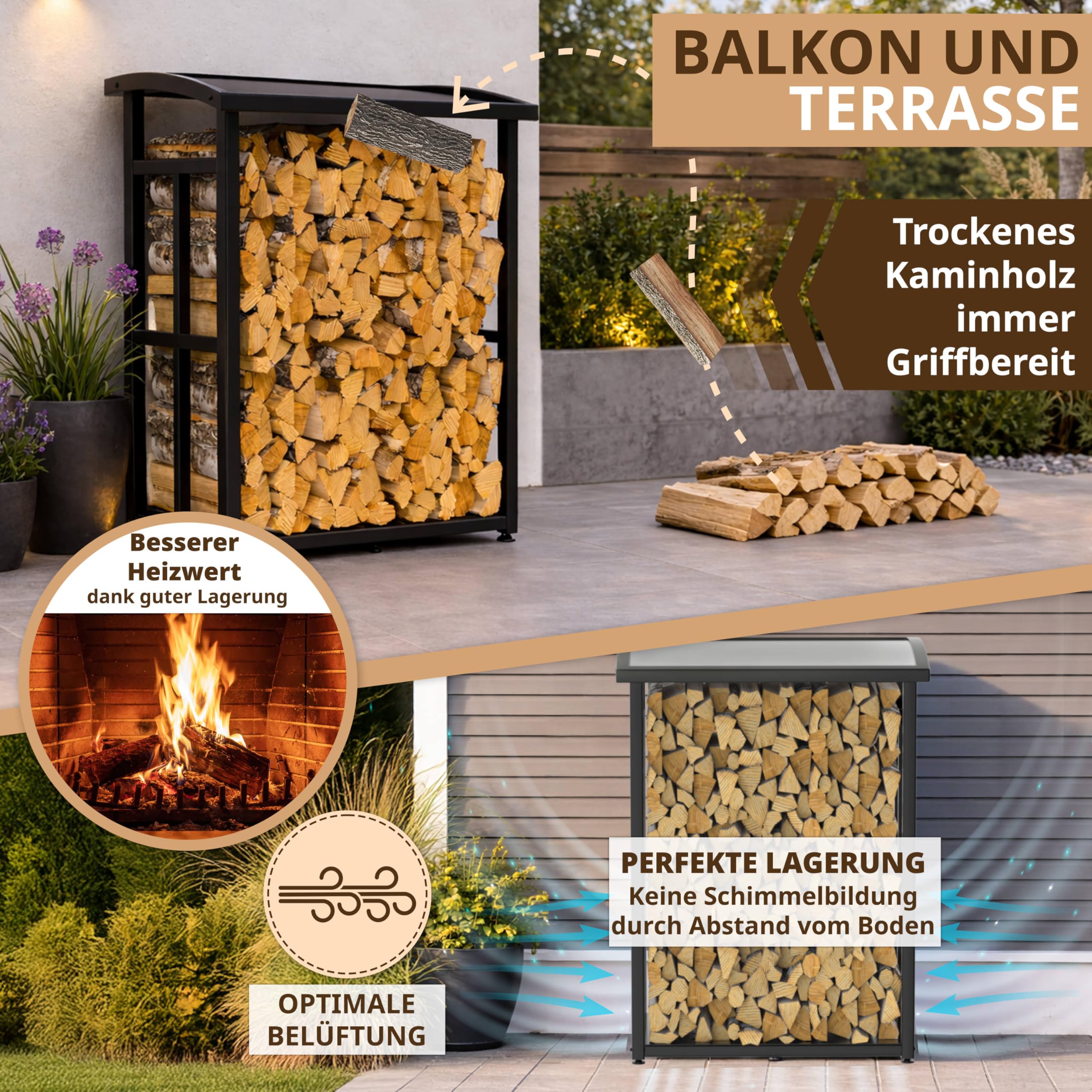 Kaminholzregal Metall klein 91×56×117cm | verzinkte Stapelhilfe für Brennholz, platzsparend, Stellfüße, Design, Terrasse, Garten, Balkon
