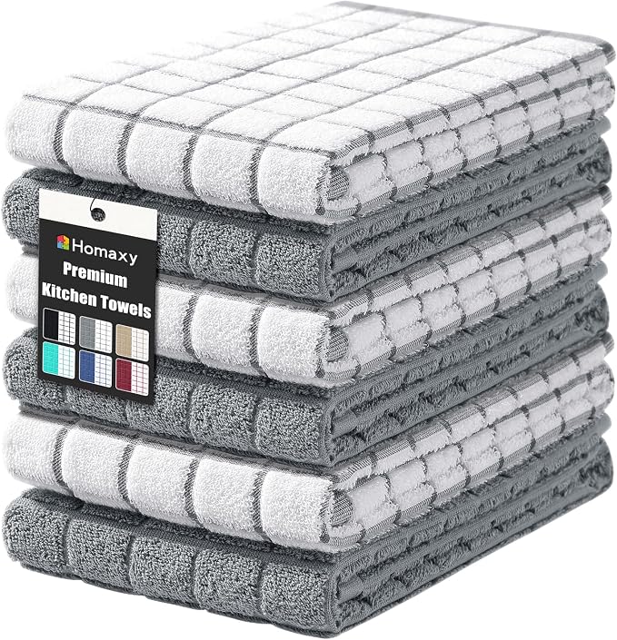 Homaxy Premium Cotton Kitchen Towels 16"x 28", Large Natural Ring Spun 390 GSM Dish Towels, Super Absorbent Terry Kitchen Hand Towels, Soft Tea Towel with Hanging Loop, Grey Check Design, 6 Pack
