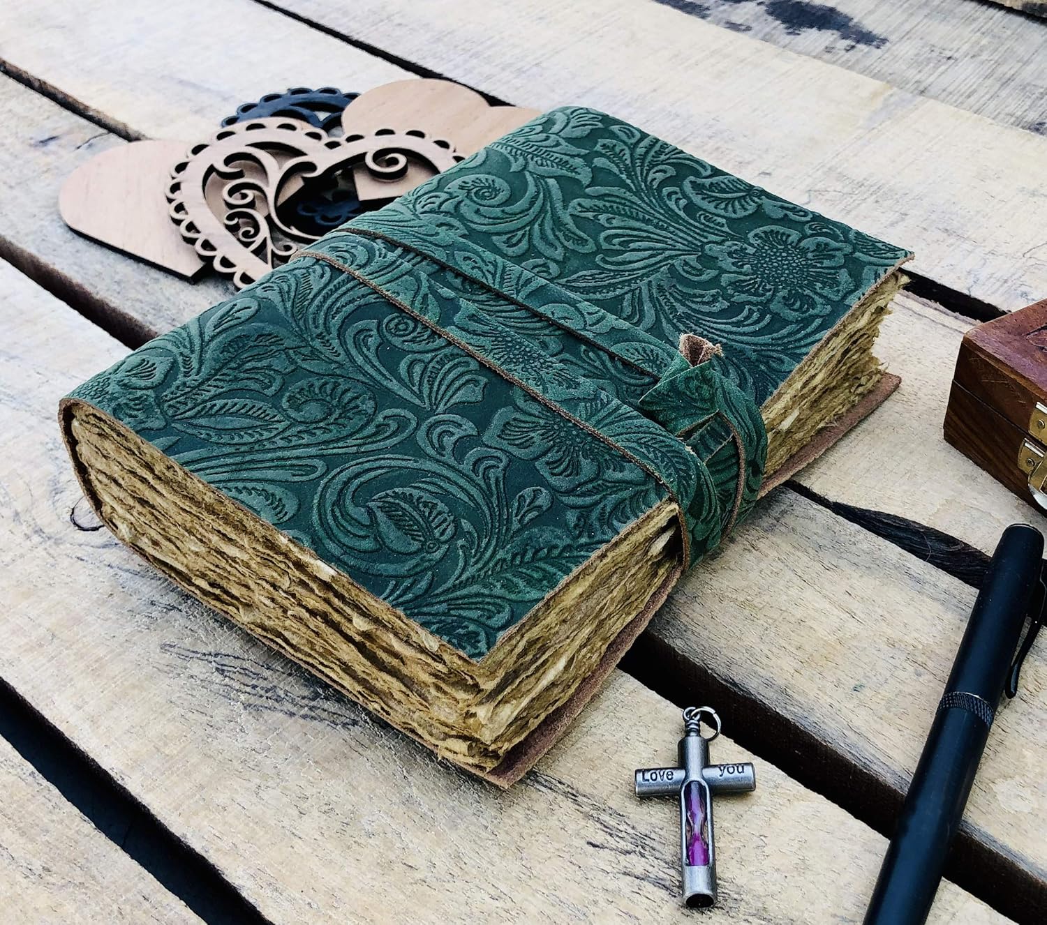 Jilani handicraft Leather Journal-Leather Bound Journal Deckle Edge Vintage Paper- Floral Embossed Book of Shadows - Leather Sketchbook-(7 x 5)- WeedGreen, Medium