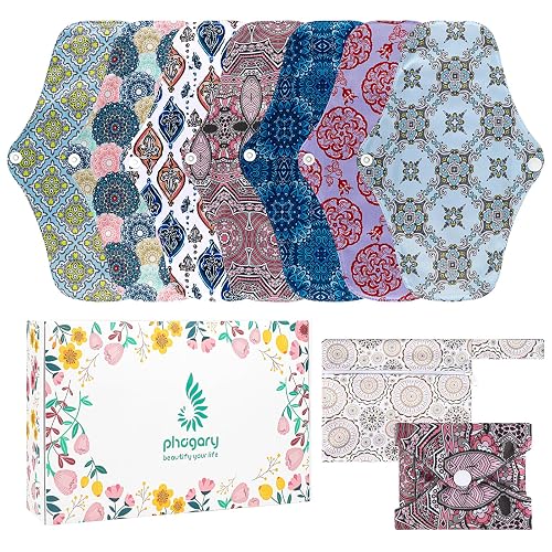 PHOGARY Reusable Menstrual Pads for Heavy Flow with Wet Bag, 7 Pieces Sanitary Pads Set with Wings for Women, Washable Overnight Cloth Panty Liners