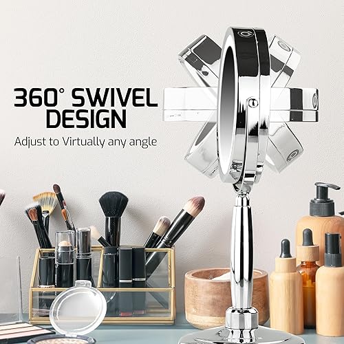 Miniatura 3 de Ovente Espejo de mano de 85 pulgadas 1 lupa 5X fácil de cambiar a mesa y montaje en pared luces LED giratorias de tres tonos de doble cara