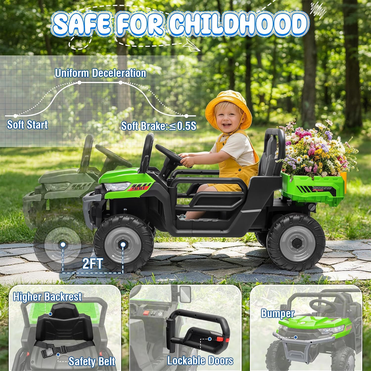 24V Ride On Dump Truck, 400W Power Ride On Toys w/Remote Control, 3 Speeds, Electric Dump Bed & Shovel, Shock Absorbers, Led Lights, Bluetooth & Gift Bow, Electric Car for Kids Toddlers, Green