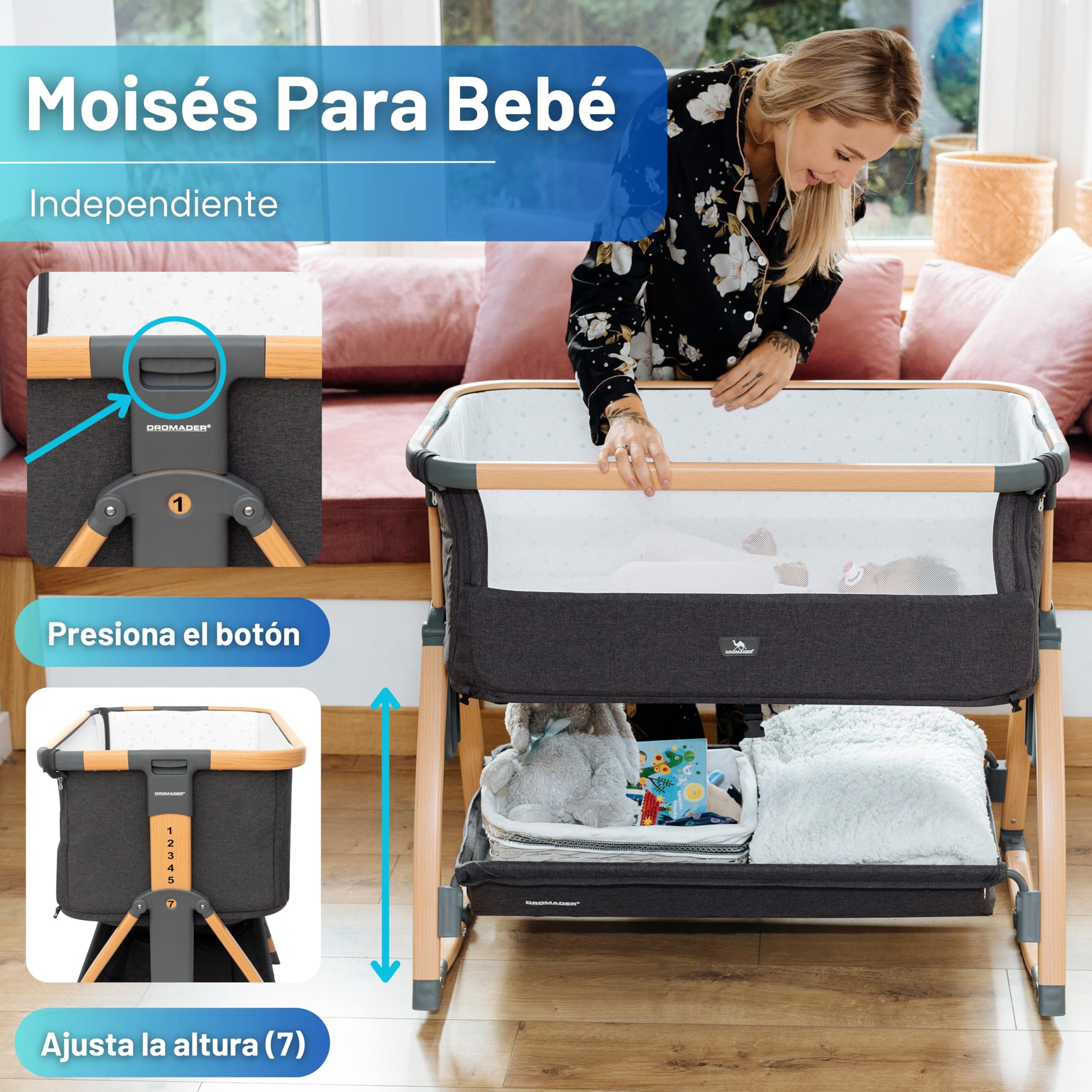 DROMADER Cuna Colecho Bebe – 0-6 Meses - Cuna Portátil con Ruedas - Malla Transpirable - Colchón Cómodo Incluido - 7 Alturas Ajustables - Función Balanceo - Gris
