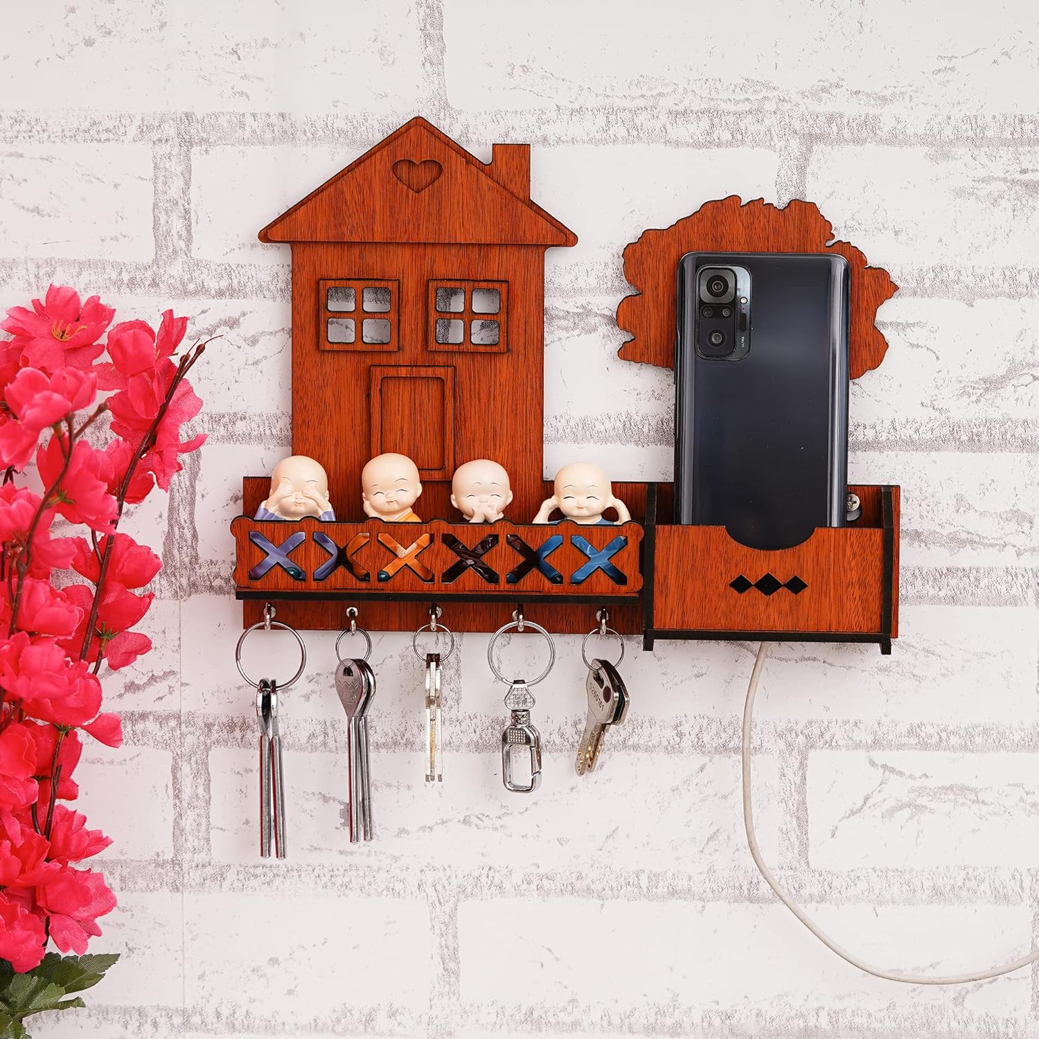 Webelkart Premium Home Multipurpose Wall Shelf/Wall Mount Key Holder and Mobile Charging Stand Wooden Key Holder for Home and Office Decor (11.5 Inches.5 Hooks)
