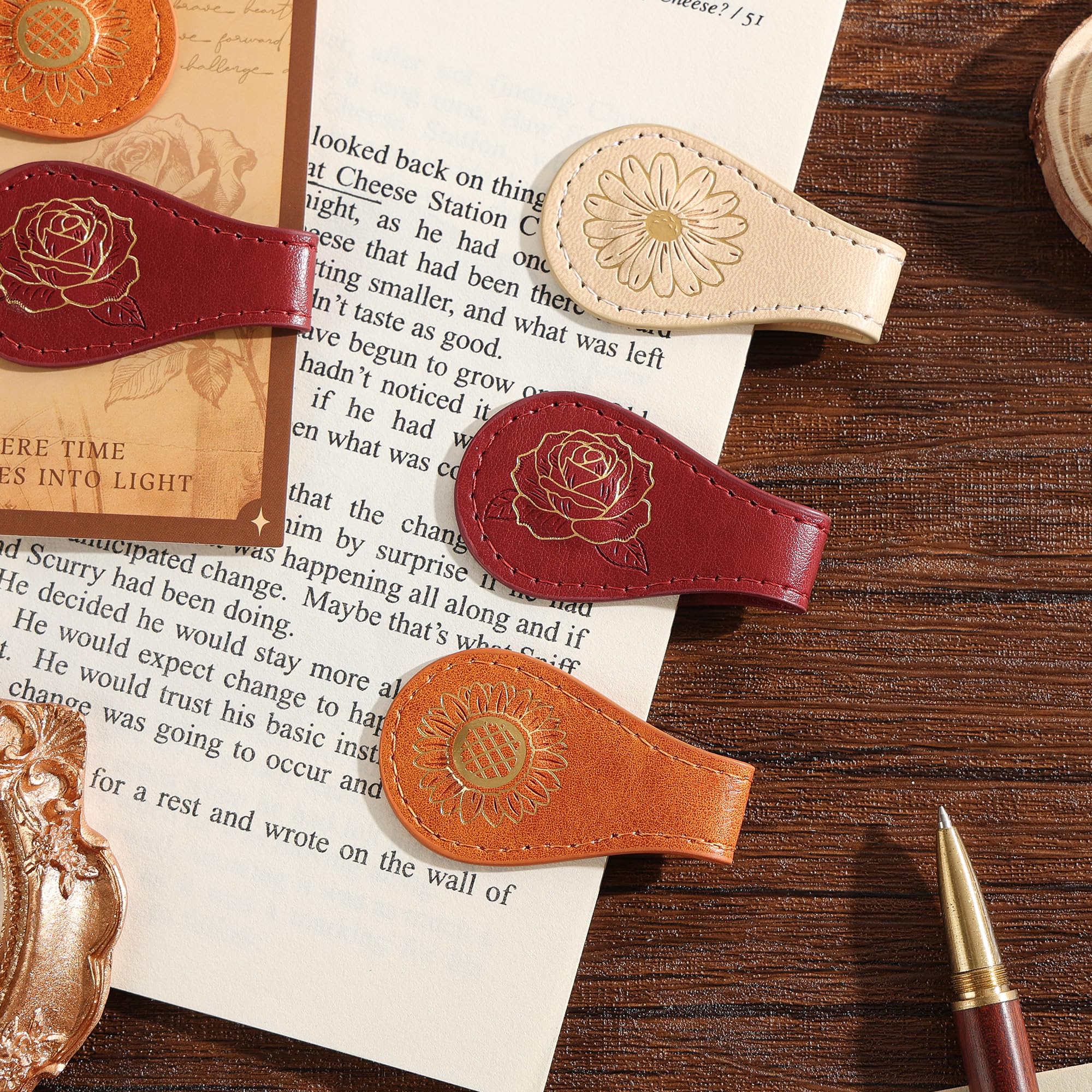 3PCS Vintage Magnetic Leather Bookmark, Leather Magnetic Bookmarks for Women, Magnetic PU Bookmarks Clip Book Accessories, Gilded Flower — image 1