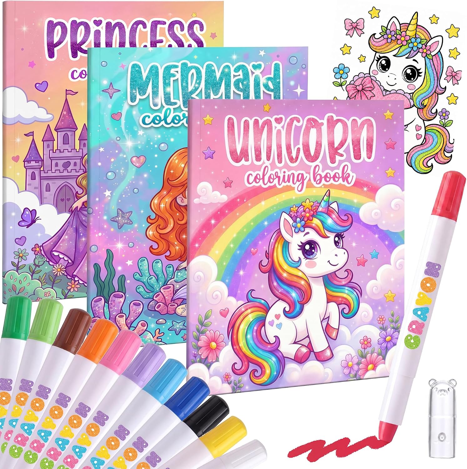 Coloring Books for Girls Ages 4-8 with 12 Twist Silky Crayons | Princess Unicorn Mermaid Coloring Book Set of 3, Easy Tear-Out Pages, Kids Coloring Activity Kit for Travel, Birthday & Gifts