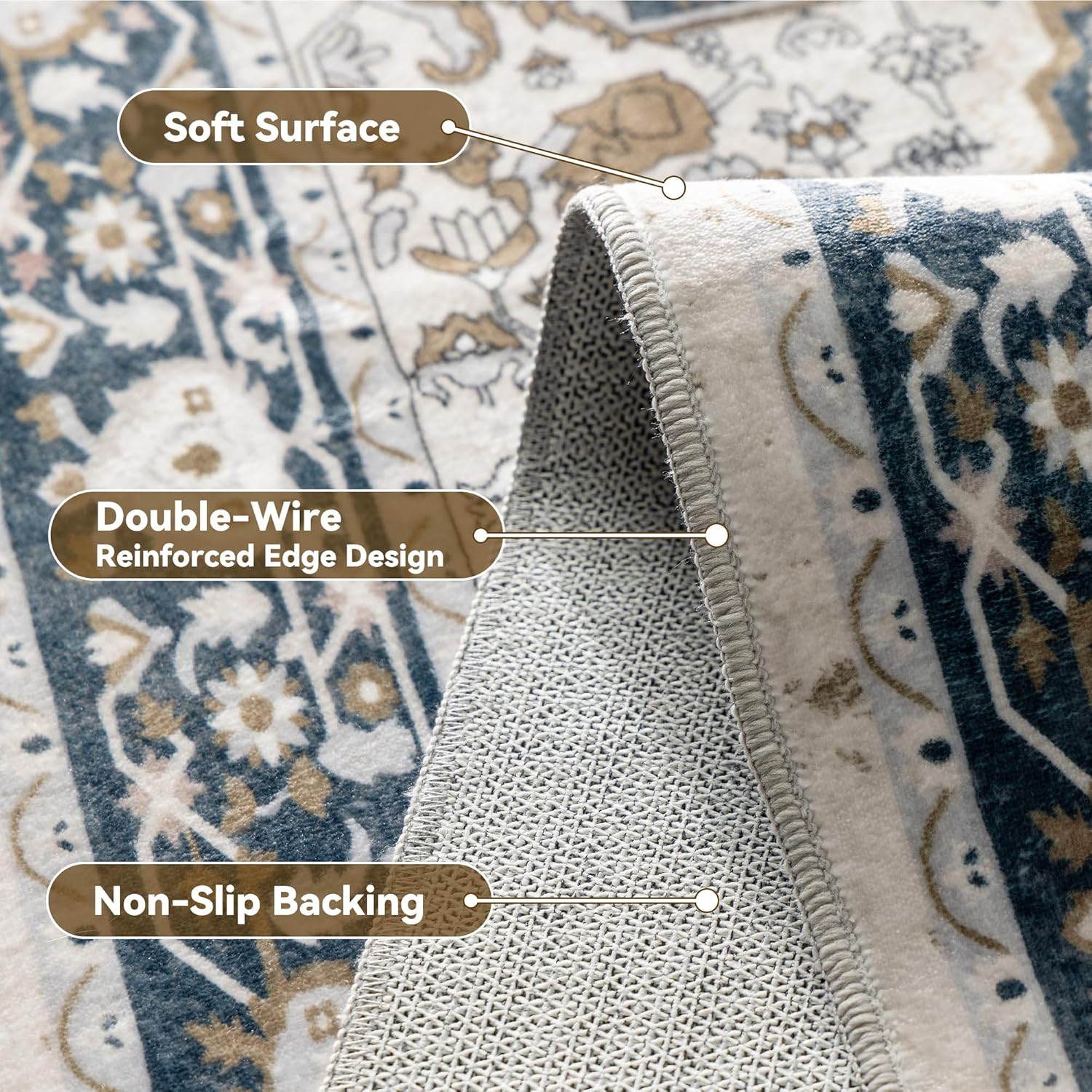 EnHomee 5x7 Area Rugs Washable for Bedroom, Boho Vintage Rugs, Foldable Area Rug for Dining Room, Non-Slip Soft Living Room Rug, Low Pile Large Carpet for Bathroom, Blue and Brown