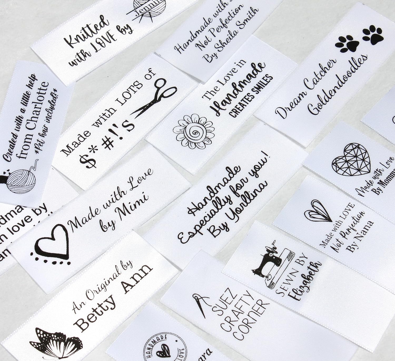 Sealed Non-Fraying Professional Quality Custom Printed Satin Fabric Labels USA Made Jennifer's Jewels JJLabels Brand Sew On for Branding, Crafts, Clothing, CPSIA Needs, Knitting, Crocheting, Handmade