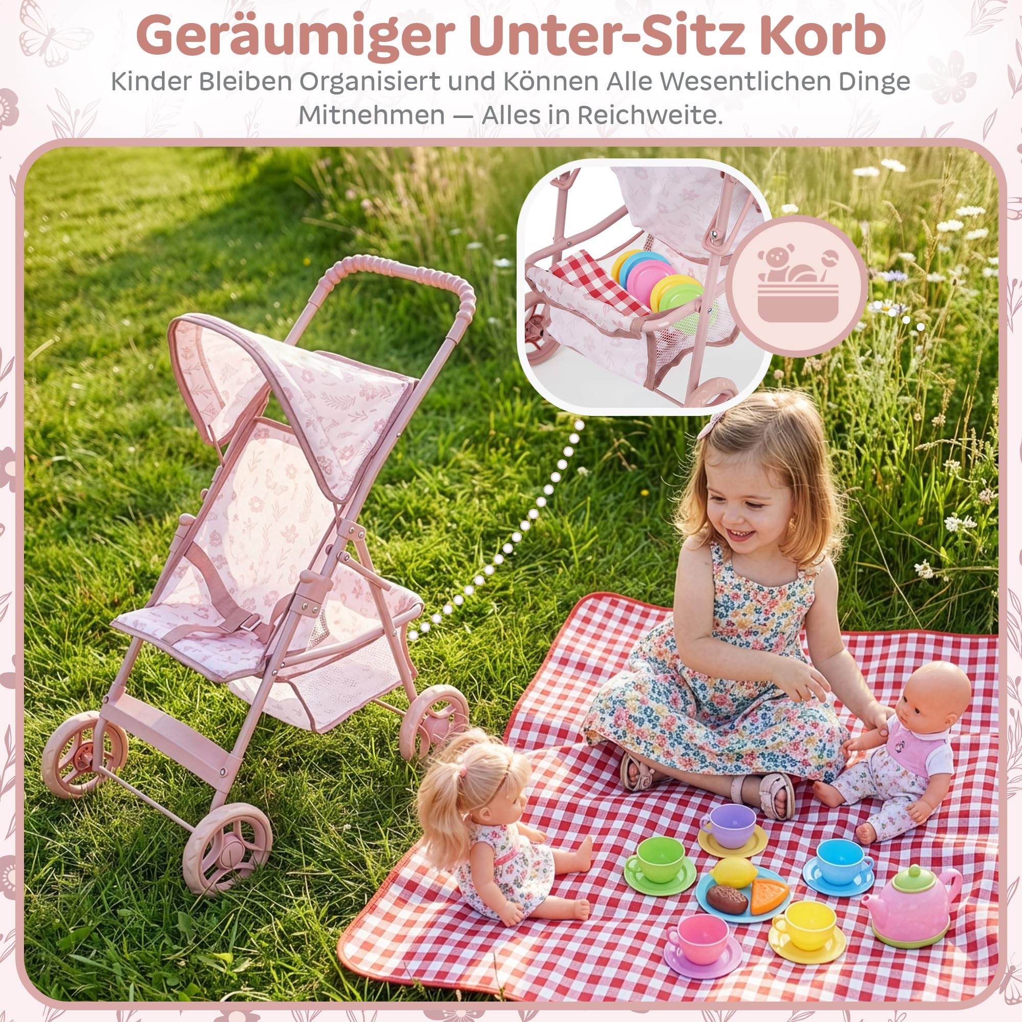Kinderplay Puppenbuggy ab 2 Jahren – Leichter Faltbarer Puppenwagen mit Verdeck & Einkaufskorb, Stabiler Rahmen, Klappbarer Puppenkinderwagen KP0280A