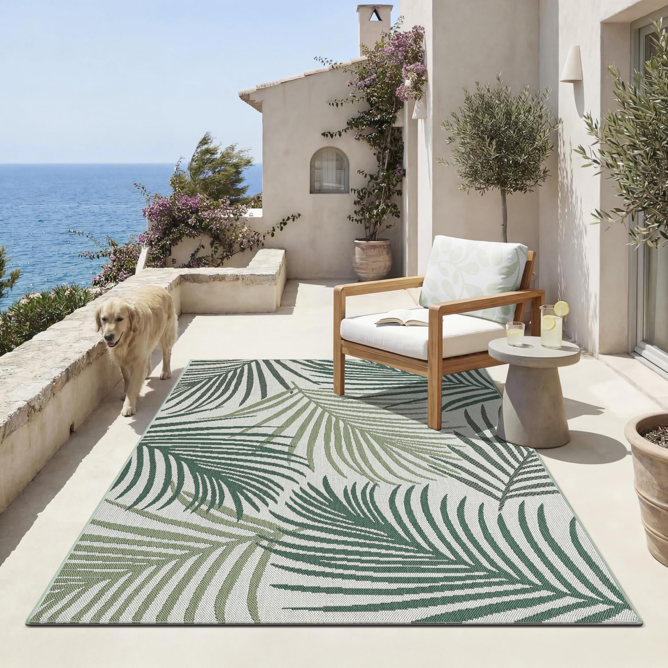 the carpet Machka - Tappeto resistente in tessuto piatto, motivo floreale, ideale per cucina e sala da pranzo, ideale anche per esterni, palma, Verde, 200 x 280 cm