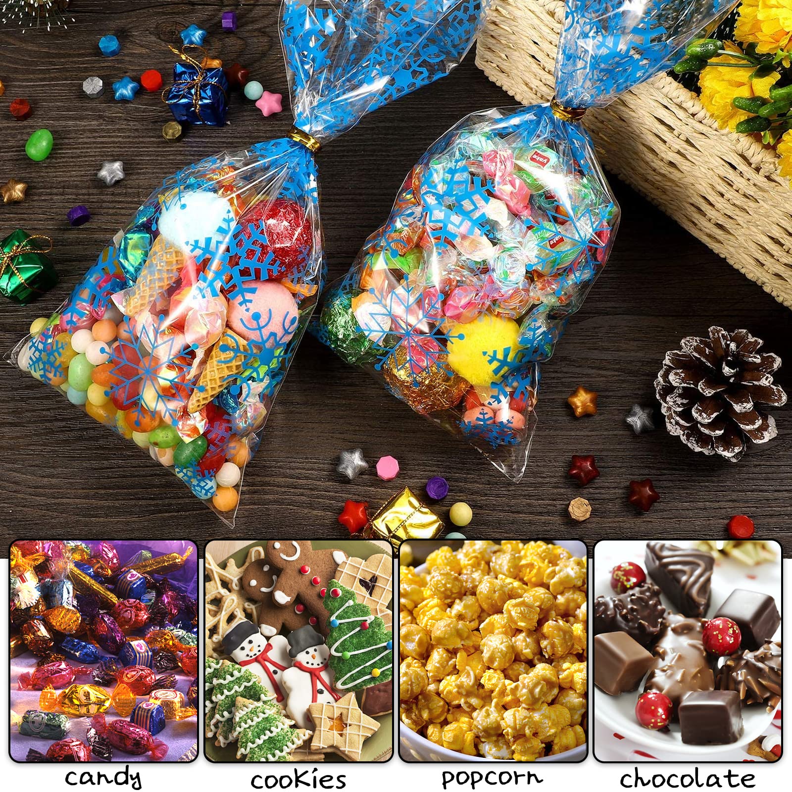 100 Pcs Sachet Biscuit Noel, 27 X 13 Cm Sachets Transparents Pour Biscuits Noël De Motif Flocon De Neige Avec 100 Liens Torsadés Pour Emballage Cadeau Biscuits Bonbons Chocolat