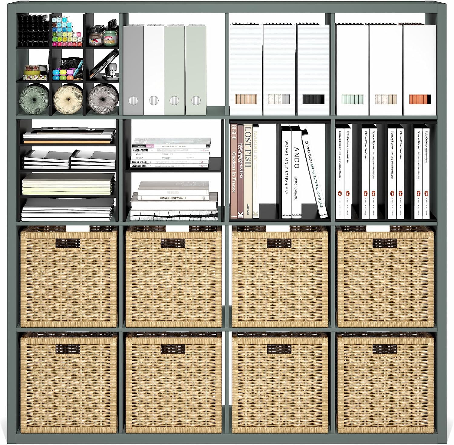 Furinno Cubicle Book Shelf, 16-Cube Bookshelf, Extra Thick Frame Reversible Bookcase with Open Back, 14.6 x 58 x 58, for Living Room, Bedroom, Home Office, Sage Green