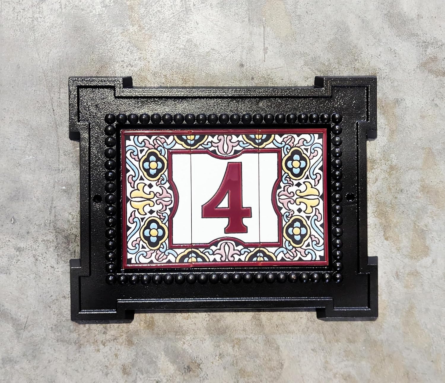 Spanish Style Ceramic House Number Address Plaque, Hand Painted Tiles with Decorative Powder coated Aluminum Frame, red numbers, burgundy, Barcelona style, Roma Frame