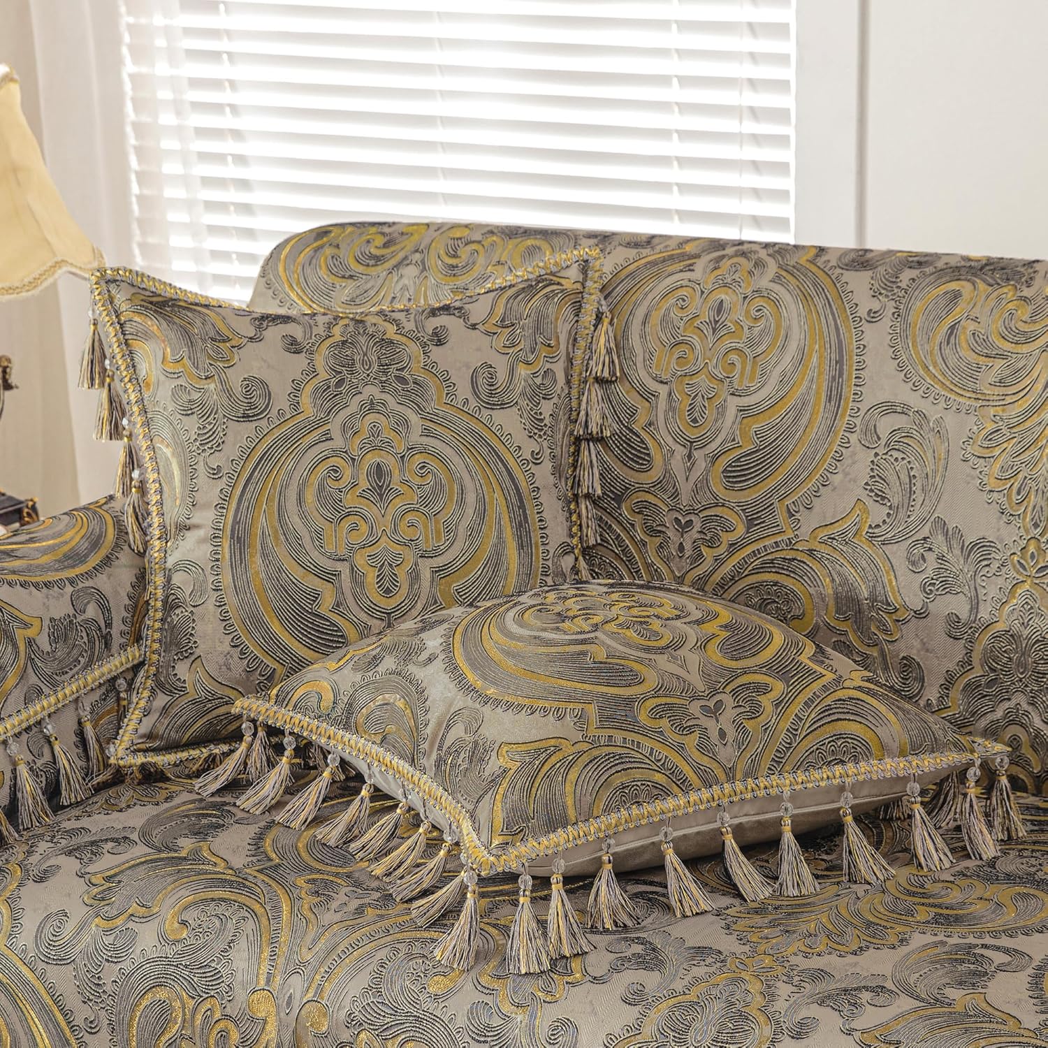 Loom and Mill 1 Piece Luxury Throw Pillow Covers 20x20 Inch, European Antique Decorative Pillow Cover with Tassels, Royal Jacquard Pillow Cases for Living Room Bedroom Sofa Couch Chair(Taupe Gold)
