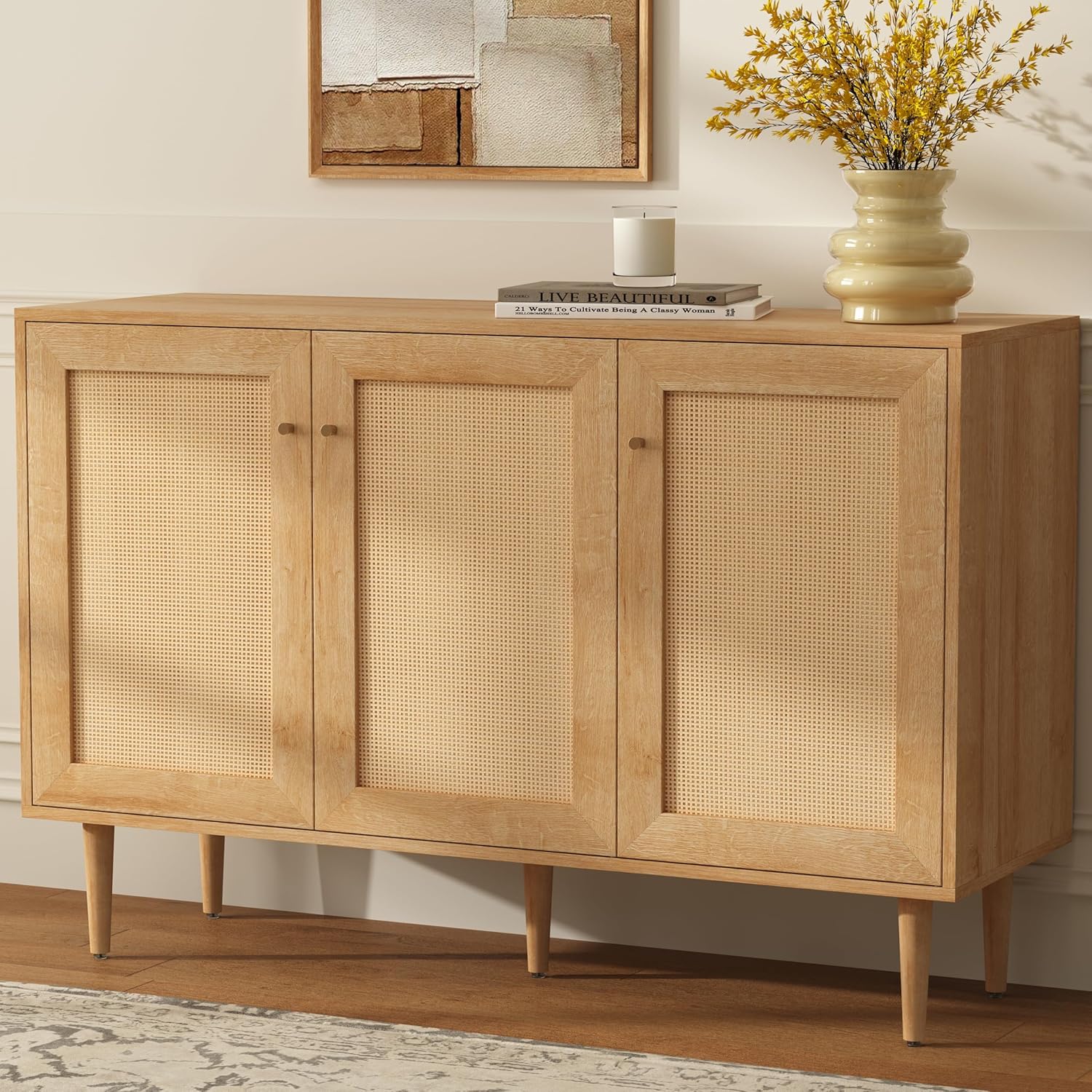 Rattan Storage Cabinet with 3 Doors, Boho Sideboard Buffet Cabinet Wooden Farmhouse Credenza Cabinet with Adjustable Shelves for Living Room Kitchen Entryway Hallway, Natural Oak