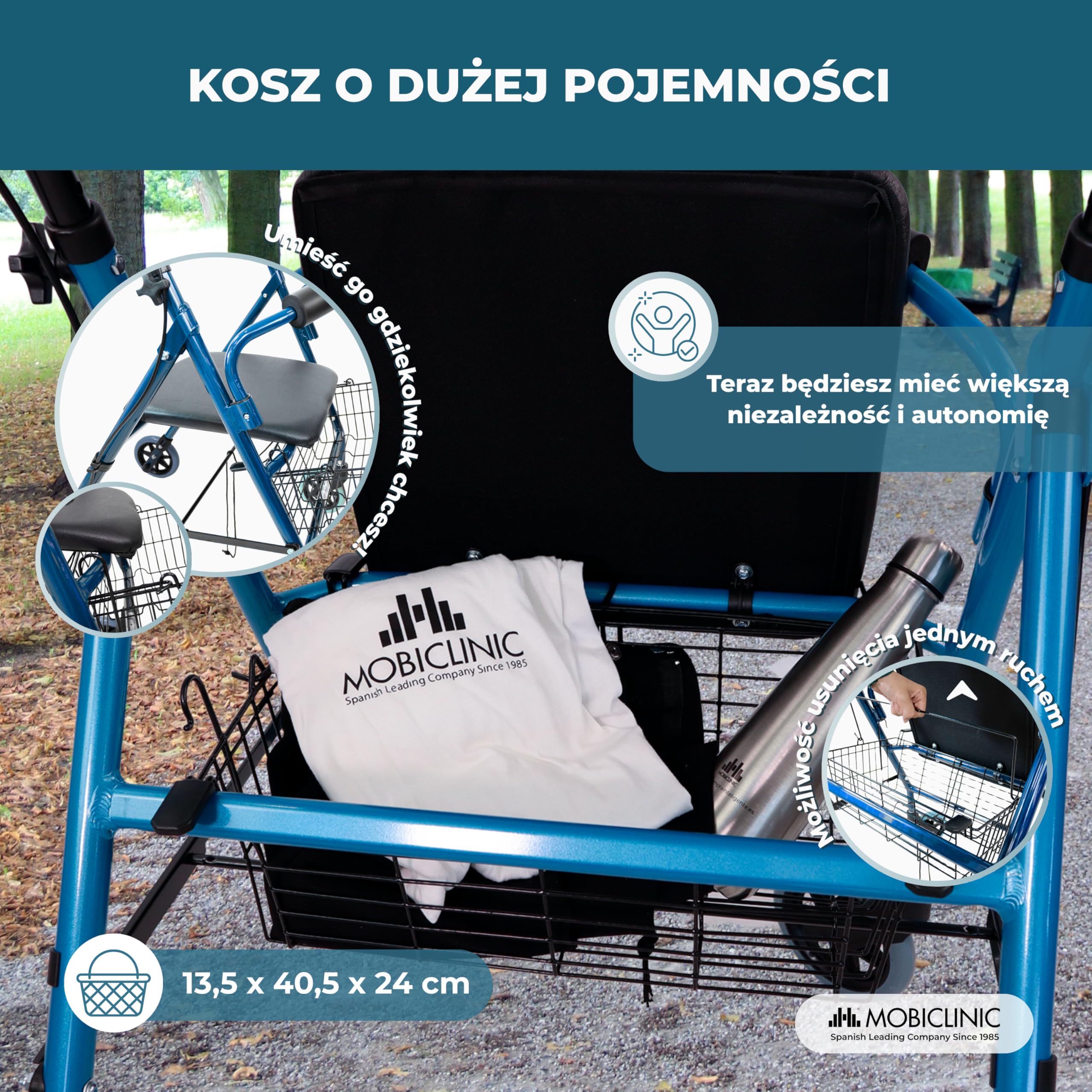 Chodzik | Składany | Aluminium | Hamulce na dźwigniach | Siedzisko i oparcie | 4 koła | Niebieski | Escorial | Mobiclinic