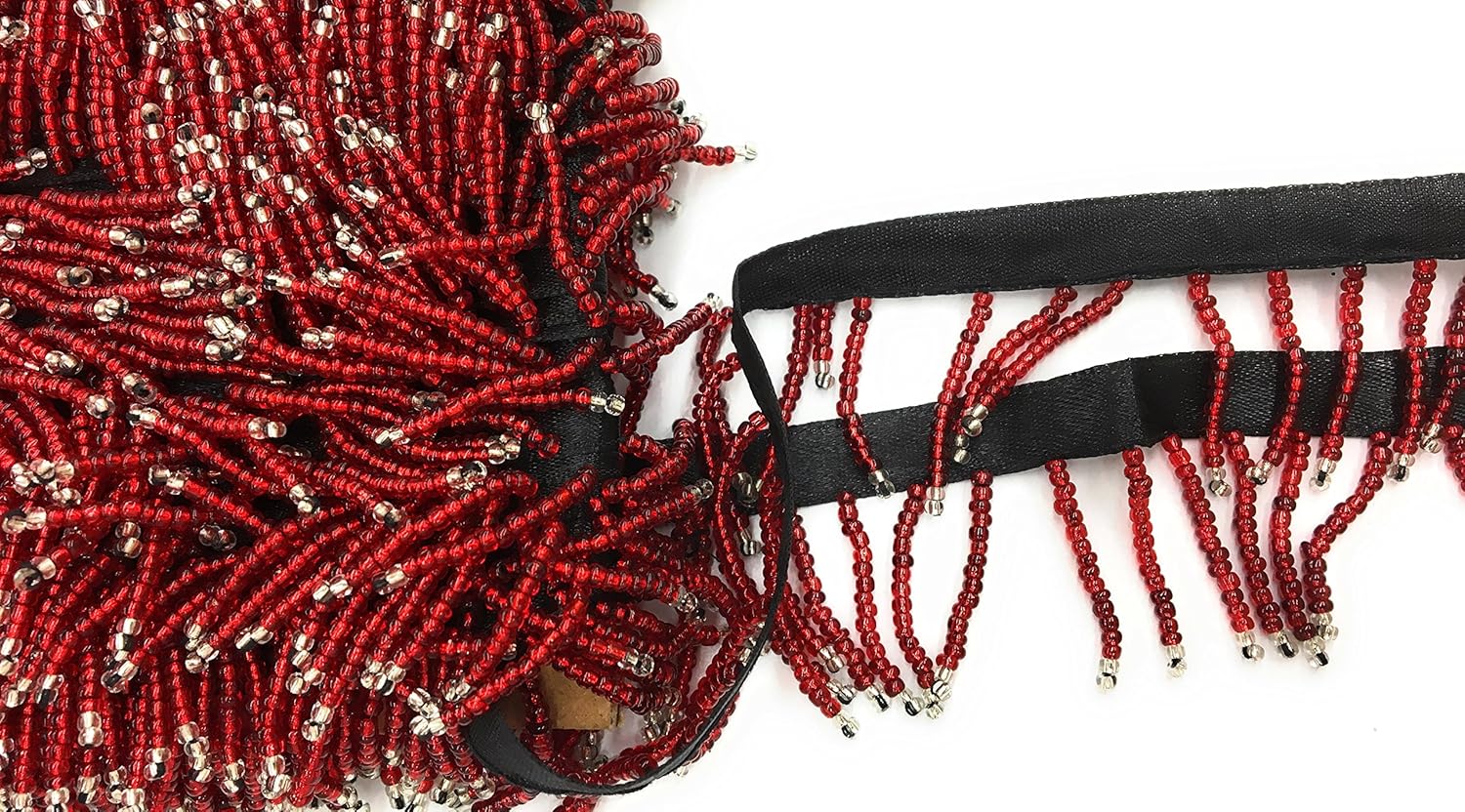 1" Long Multicolor Red/ Silver Bugle Beaded Fringe Trim by 10-yards