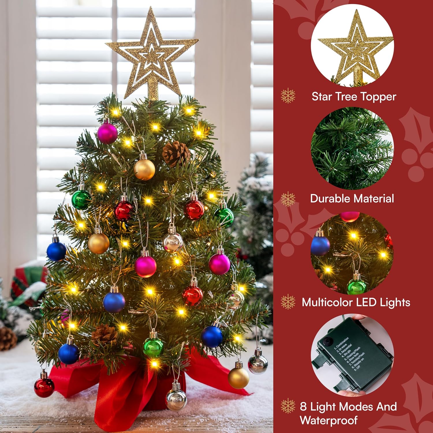 Joiedomi 24"/2FT Prelit Tabletop Christmas Tree with Warm Lights, Holly Berries, Pine Cones for Best Holiday Season Decorations Christmas Decoration Tree Decor for Indoor Xmas Tabletop Decor