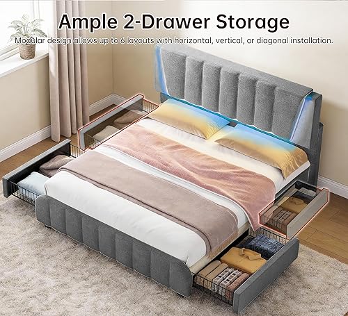 Miniatura 4 de Base de cama matrimonial con 2 cajones de almacenamiento, cama moderna de lino con cabecera tapizada, marco de cama con cabecera tapizada ajustable