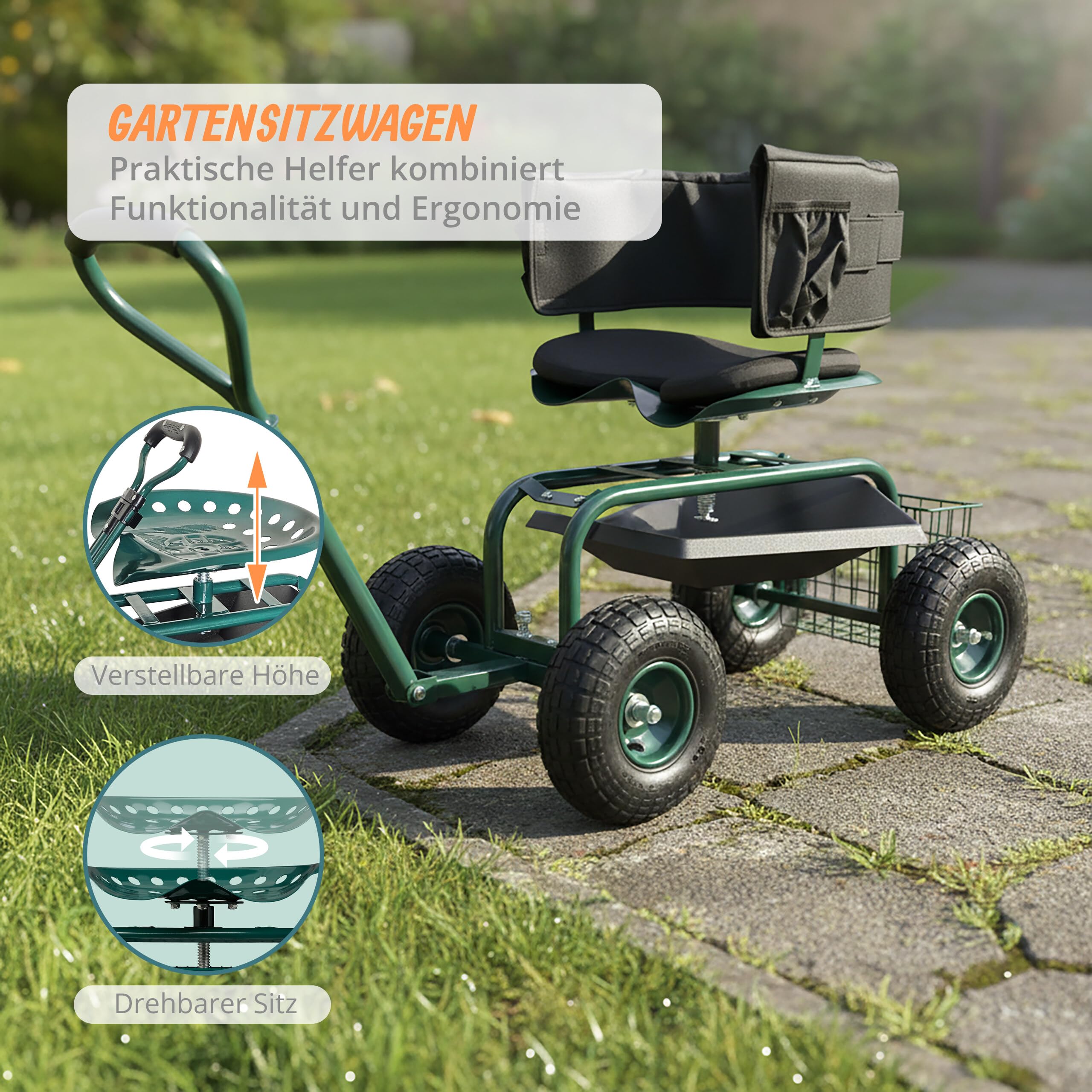Relaxdays fahrbarer Gartensitz, höhenverstellbar, 150 kg, Stauraum, Lenkstange, Sitzkissen, Lehne, Gartenwagen, grün