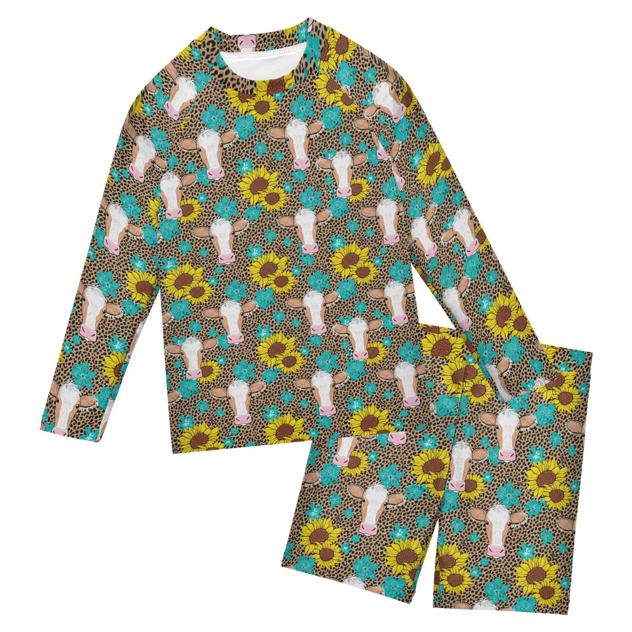 Cow Leopard Flower Baby Boys' Toddler Long Sleeved Rashguard Swim Bathing Suit Set B0404912