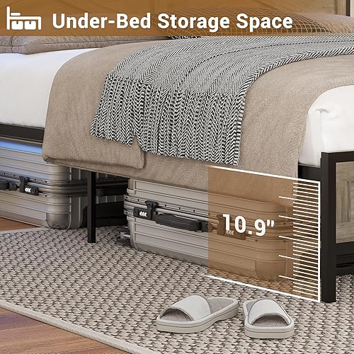 Miniatura 6 de Hasuit Base de cama de granja tamaño Queen con luces LED y estación de carga, cama Queen de plataforma rústica con cabecera de almacenamiento con