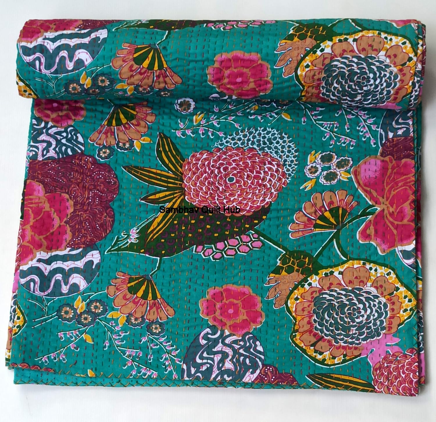 Turquoise Fruit Kantha with 2 Pillow Cover Vintage Ethnic Cotton Fruit Kantha Quilt Coverlet Bedspread Patchwork Stitch Blanket Twin/Queen/California King Size (108X108 inches)