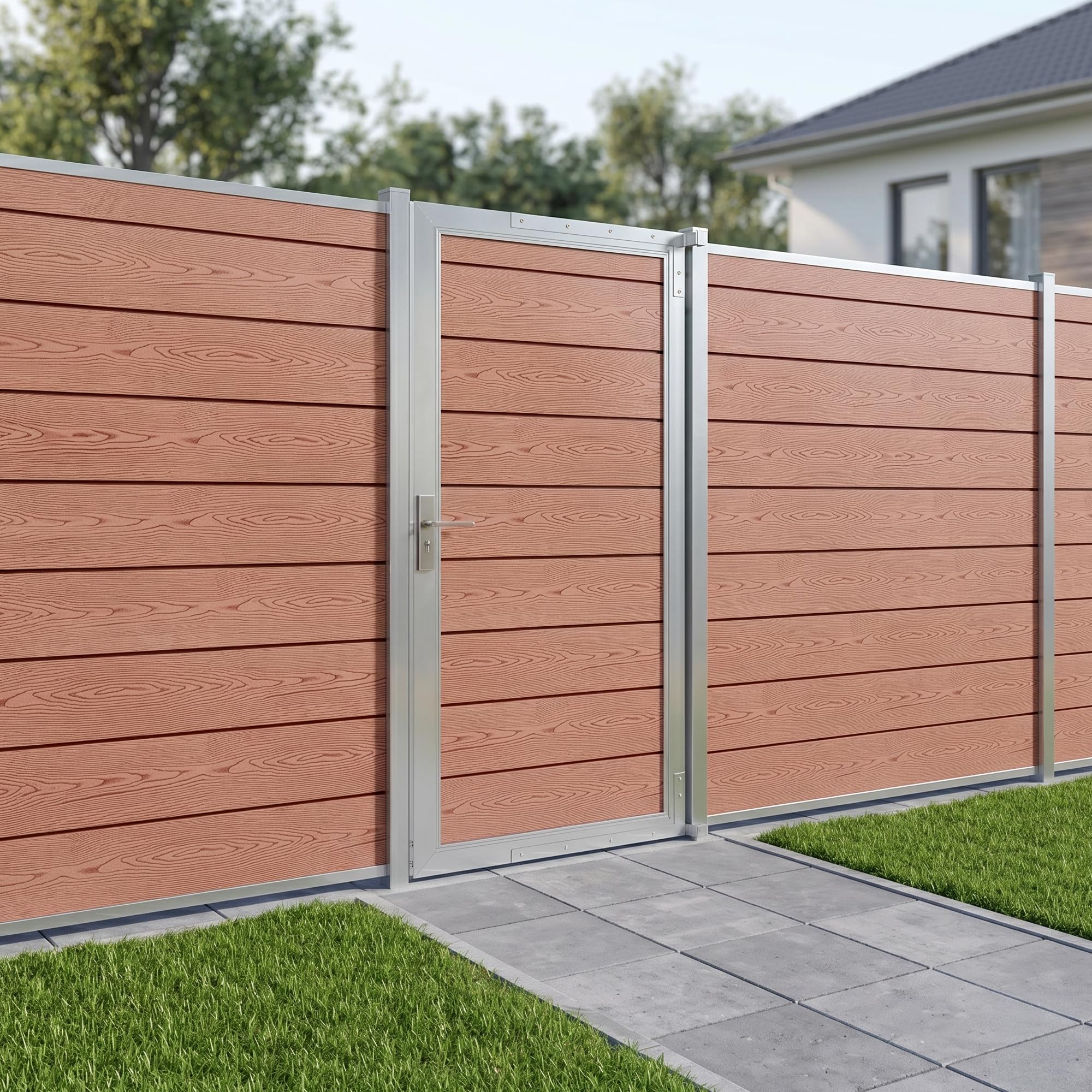 NEU.HOLZ Puerta de Jardin Segovia Resistente Puerta Exterior para Valla Exterior 90 x 180 cm con Cerradura y Llaves Marco de Aluminio y Lamas de WPC - Marrón