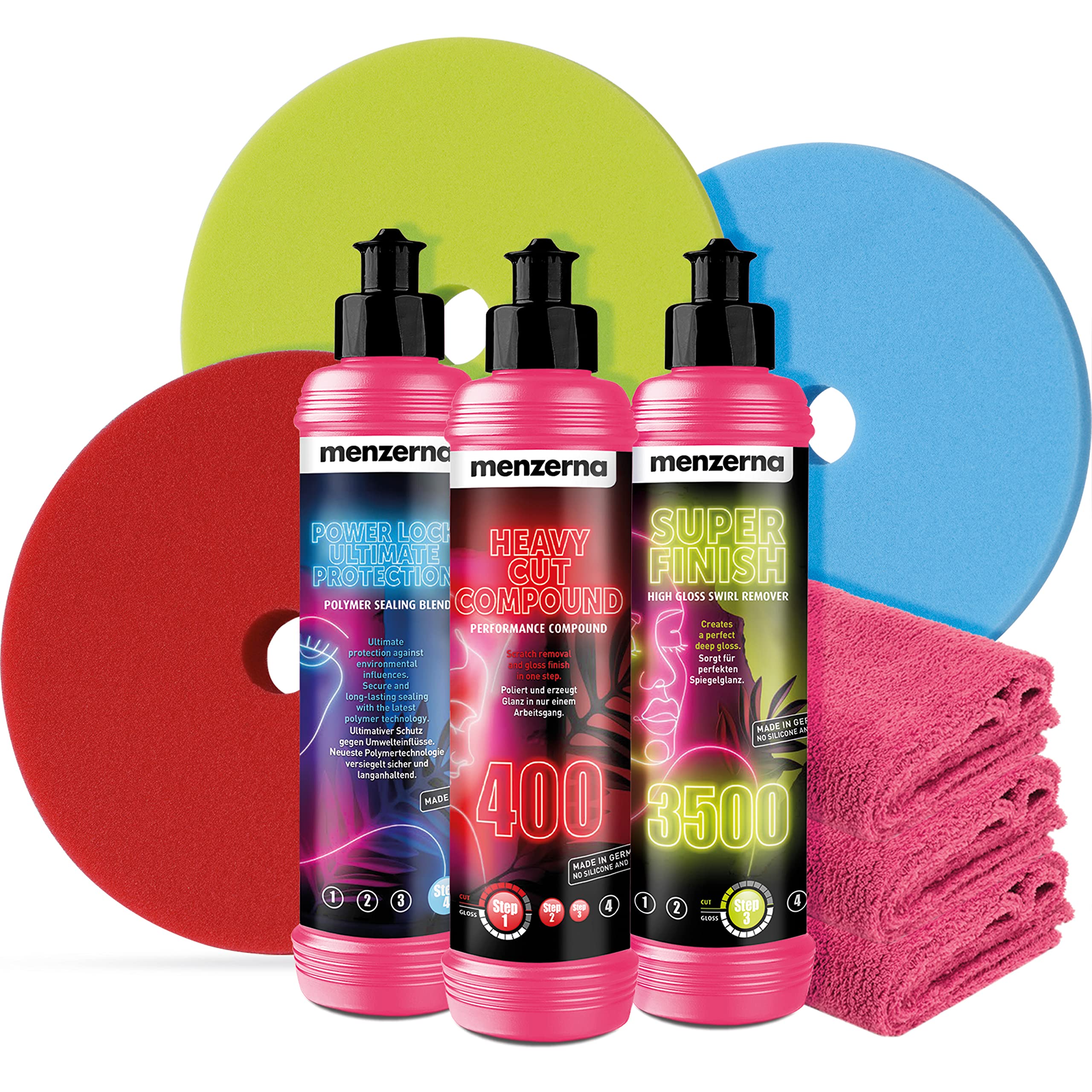 detailmate Menzerna Lady Trio Deluxe - Abrillantador de coche para mujer (compuesto Heavy Cut 400, 250 ml, Super Finish 3500, 250 ml, Power Lock Ultimate Protection de 250 ml, 3 almohadillas de pulido