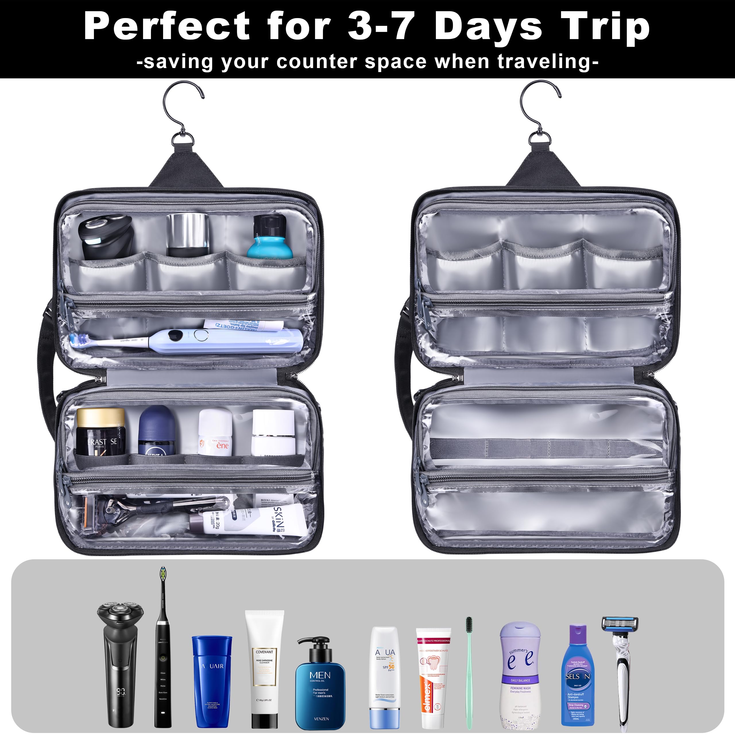HILOMON Neceser para hombre, con cremalleras YKK, para colgar en el baño, ducha, con gancho giratorio de metal XXL, gran comparación, impermeable para accesorios de viaje, Negro -, 10.6x6.7x4.3,