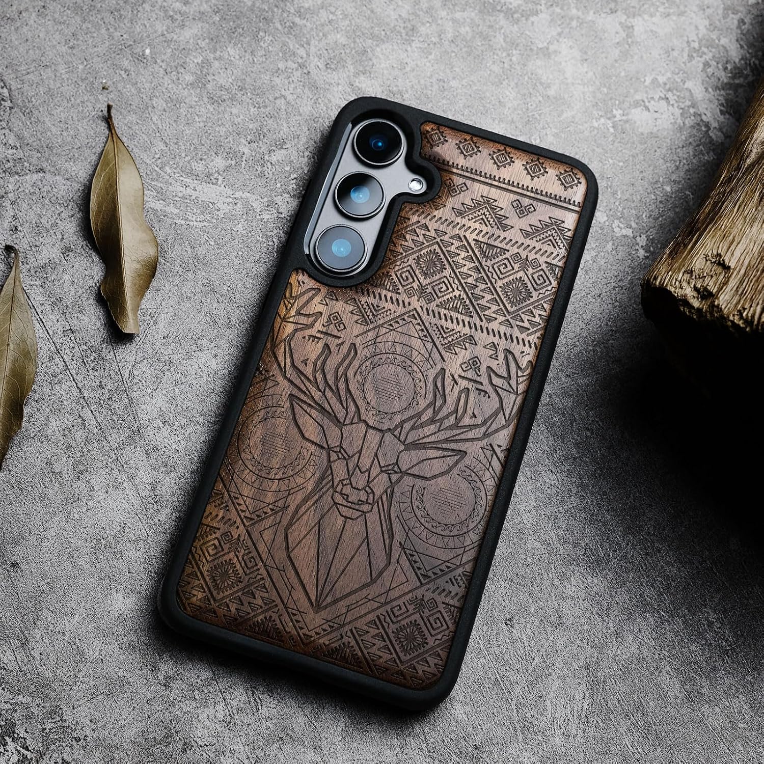 Carveit Wood Case for Galaxy S24 Plus Case [Natural Wood & Black Soft TPU] Shockproof Protective Cover Unique Wooden Design Compatible with S24 Plus (Aztec Geometric Deer-Walnut)