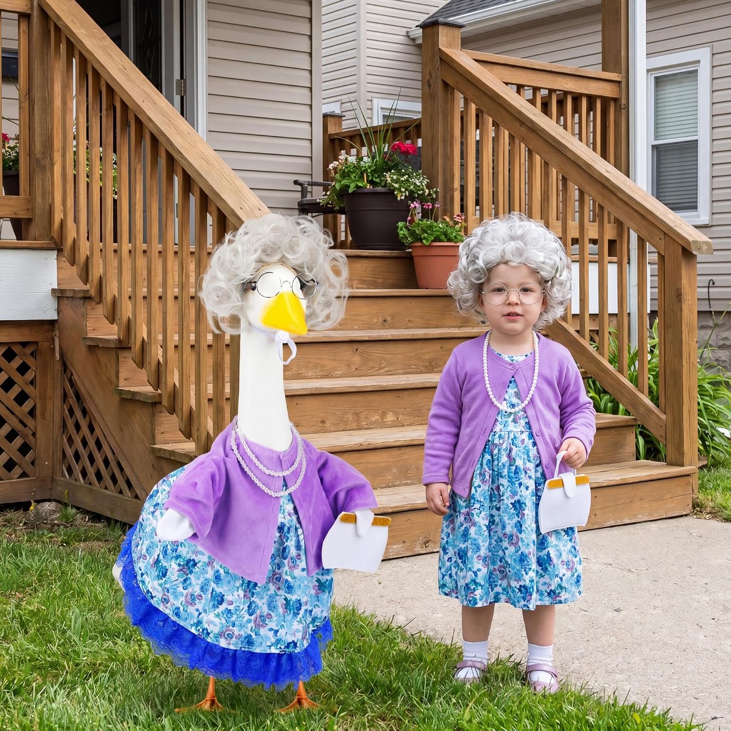 Abbylike Old Lady Porch Goose Outfits Grandma Goose Clothes with Sunglasses Pearl Necklace and Silver Wig for 23" Geese Statue Outdoor Patio Yard Lawn Decoration