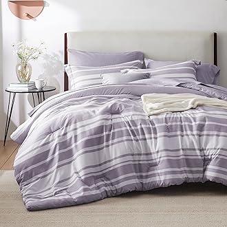 BedsureBed in a Bag California King Size 7 Pieces, Purple White Striped Bedding Comforter Sets All Season Bed Set, 2 Pillow Shams, Flat Sheet, Fitted Sheet and 2 Pillowcases