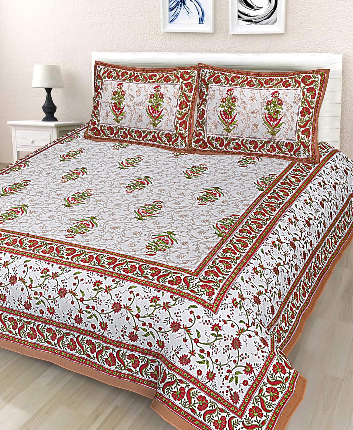 JAIPUR PRINTS 100% Cotton Traditional Jaipuri Printed Bedsheet for Double Bed King Size with 2 Pillow Covers – fashion12