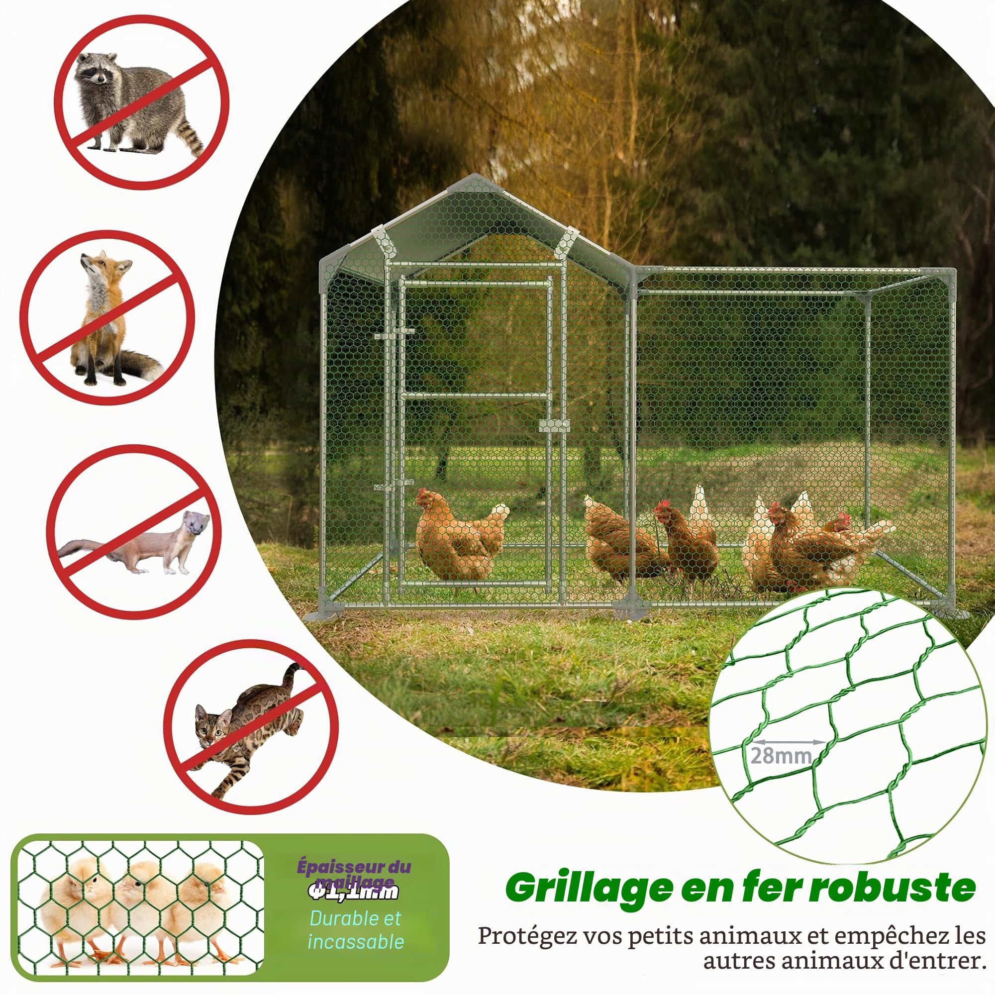 Poulailler 3 x 1 m - Enclos extérieur lapins en acier galvanisé - Volière d'extérieur avec porte et bâche d'ombrage en polyéthylène pour poules et petits animaux - 3 m²