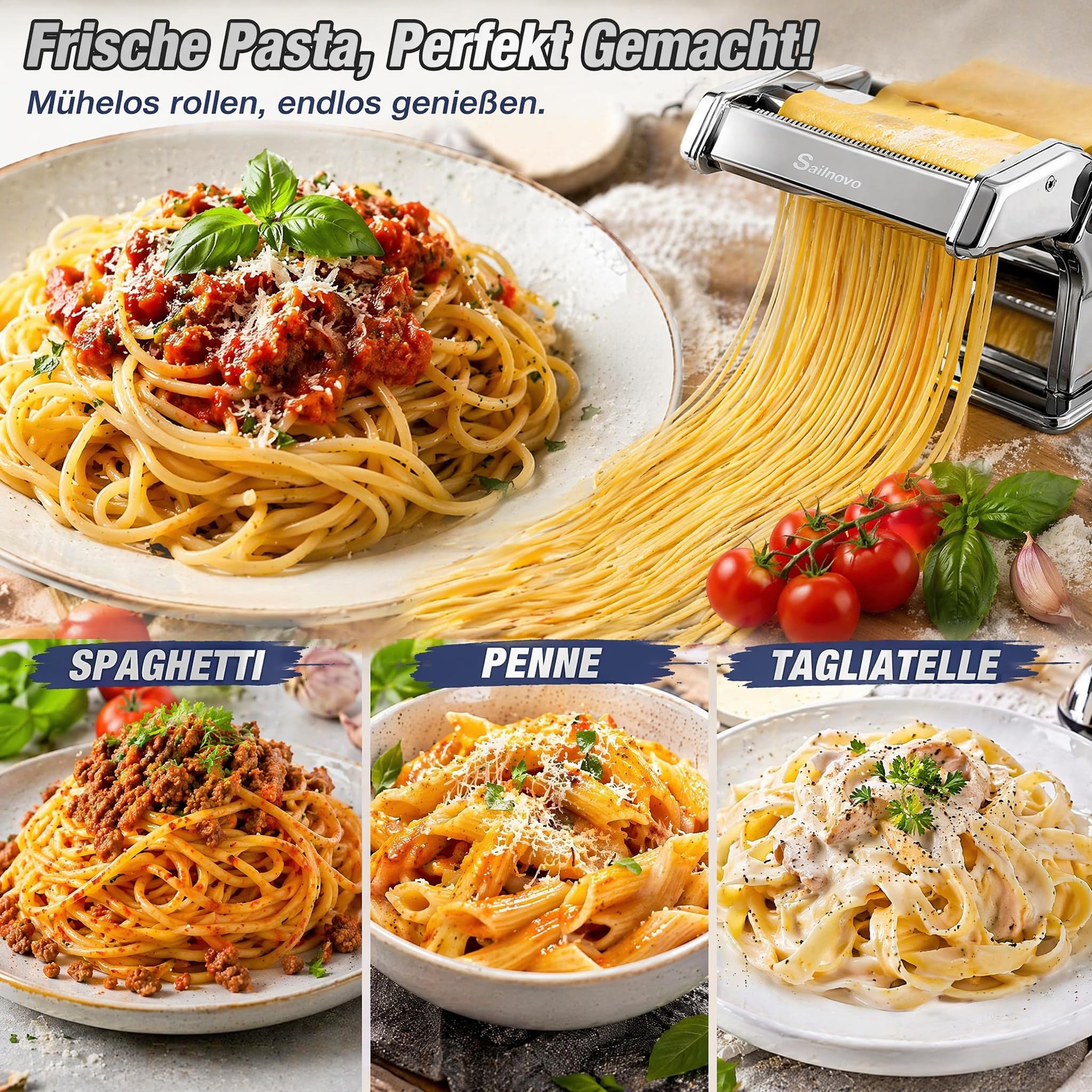 Sailnovo Nudelmaschine Pasta Maker 180 Aluminiumlegierung mit 9 Einstellbaren Stärkeeinstellungen und 2 Schneidern, Nudelmaschine Manuell für Spaghetti, Fettuccini, Lasagne, Geschenk (Silber)