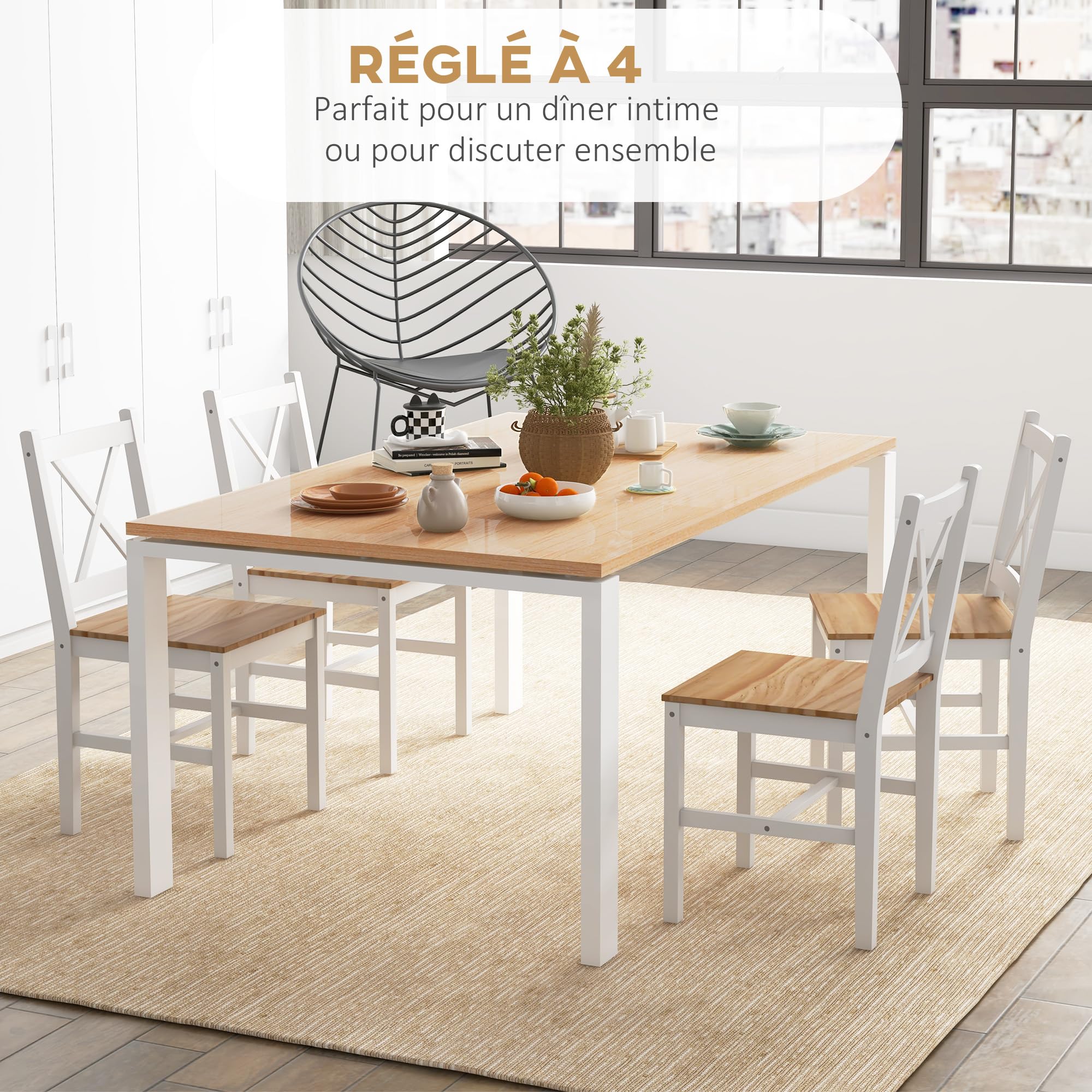 HOMCOM Lot de 4 Chaises Salle à Manger Moderne Dossier Haut, Naturel Blanc