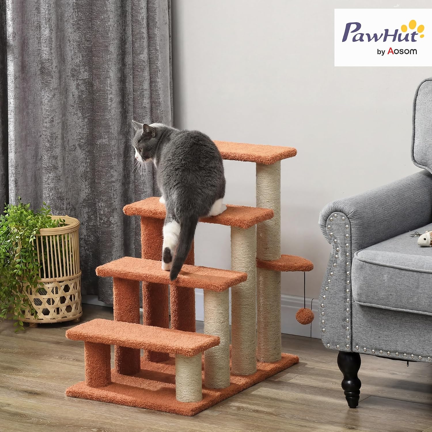 PawHut 4 Levels Cat Steps, Pet Stairs Carpeted Ladder, Kitten Tree Climber with Scratching Posts, Hanging Play Ball, Side Step, for High Bed, Sofa, Brown