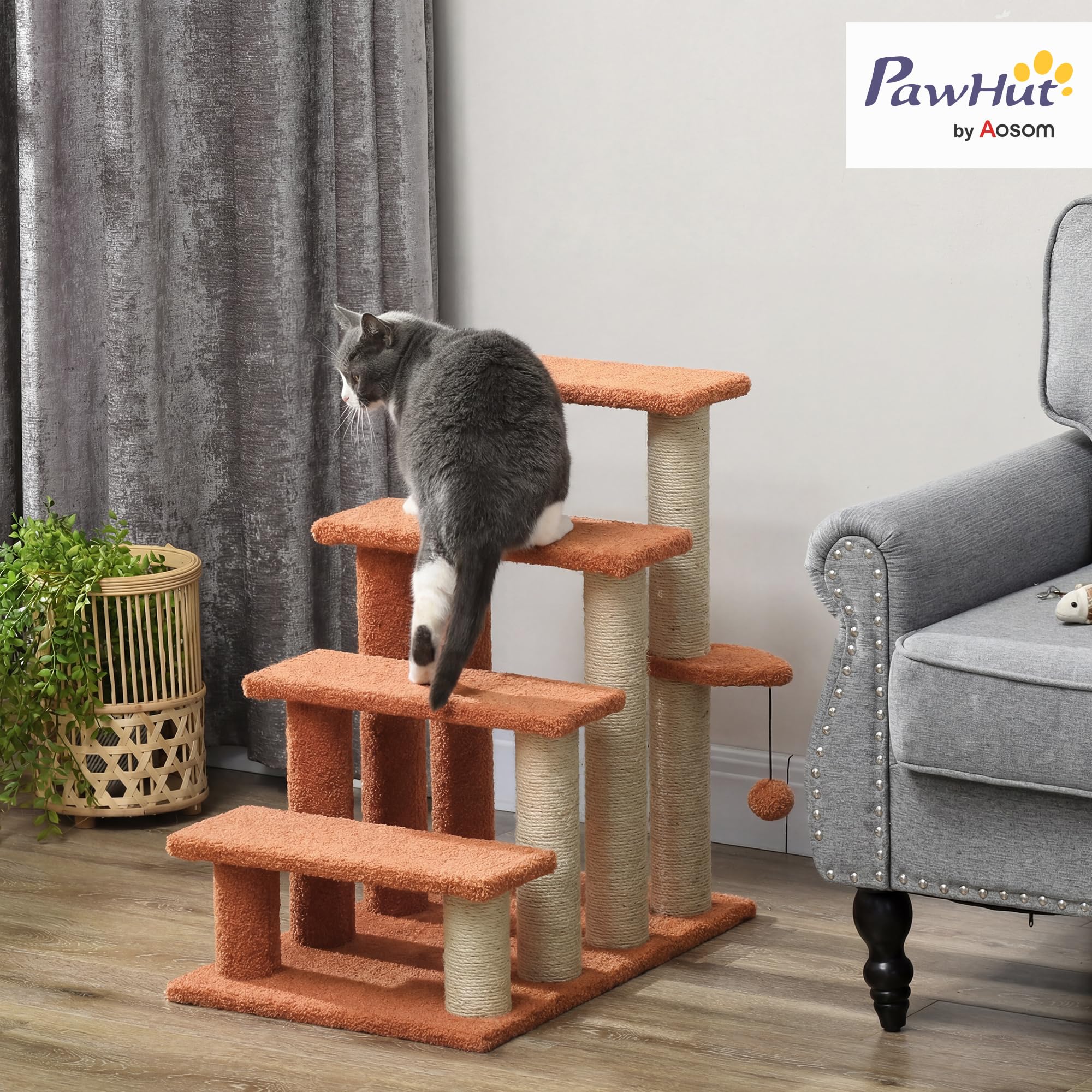 PawHut Escalier pour chats avec griffoir Escalier pour animaux domestiques à 4 marches avec balle de jeu Escalier pour chiens Escalier pour animaux pour chats jusqu'à 5 kg, peluche Jute Marron 60 x 40