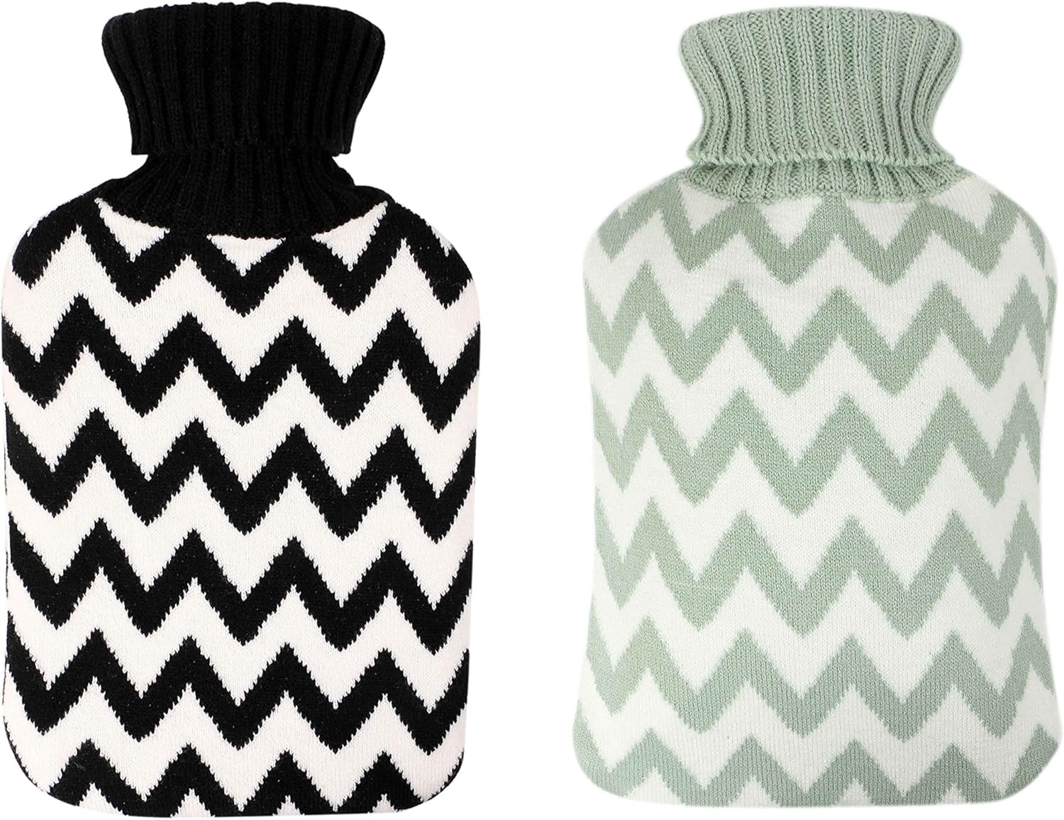 Excel Life Large Size Premium Classic Rubber Hot Water Bottle with 2 Cute Cozy Knit Covers for Pain Relief Hot Cold Therapy (2 Liter, Black and Mint Green Stripe)