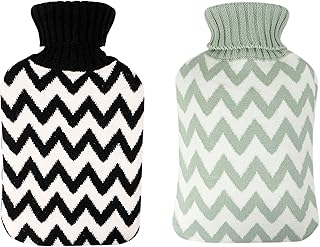 Excel Life Large Size (2 Liter) Rubber Hot water Bottle Bouillotte D‘eau Chaude with 2 Cute Cozy Knit Covers for Hot and Cold Compress, Hand Feet Warmer, Ideal for Menstrual Cramps, Neck and Shoulder Pain Relief, Black and Mint Green