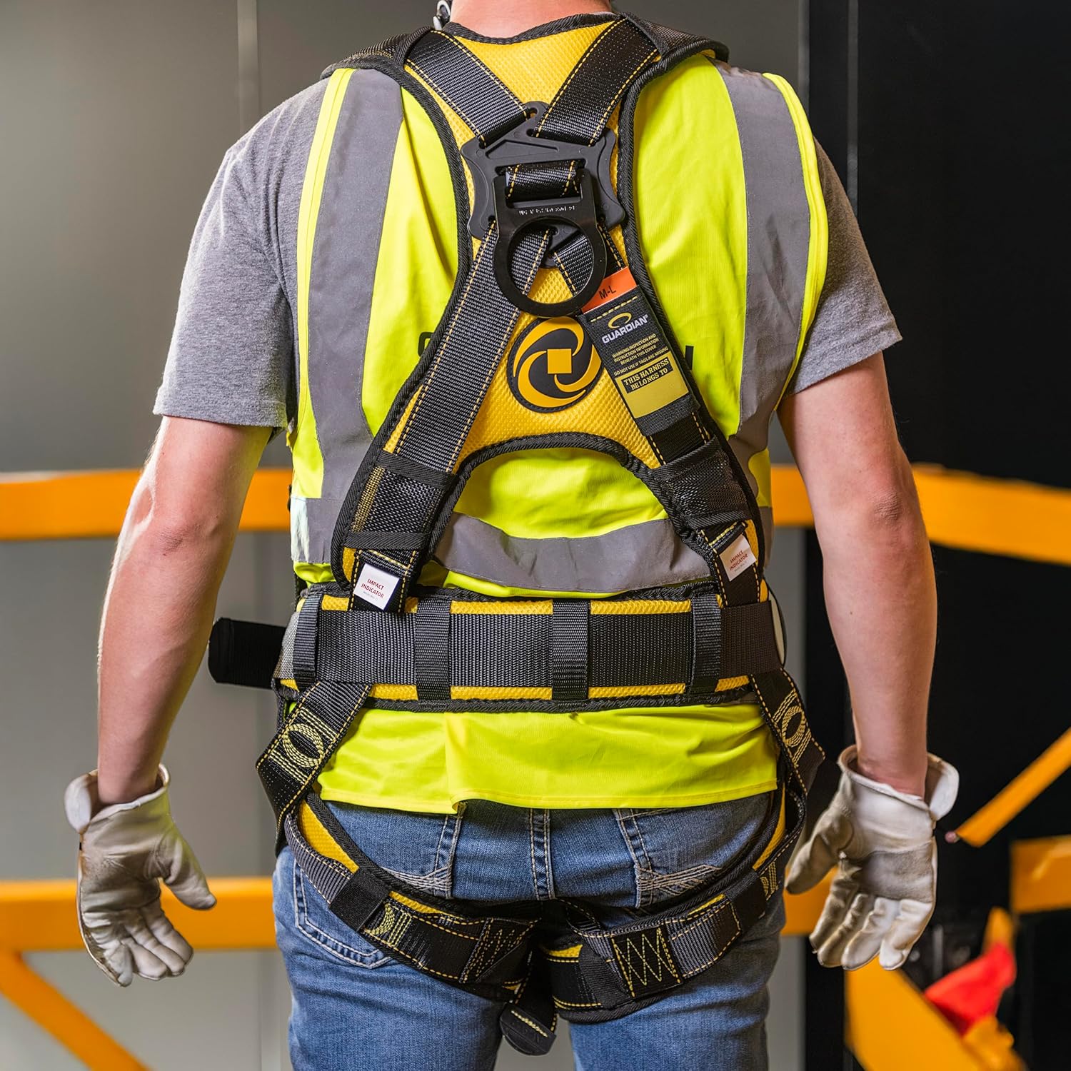 Guardian 21035 Cyclone Construction Harness with Waist Pad | Side D-Rings | Quick Connect Leg | OSHA & ANSI Compliant | Black/Yellow | XL
